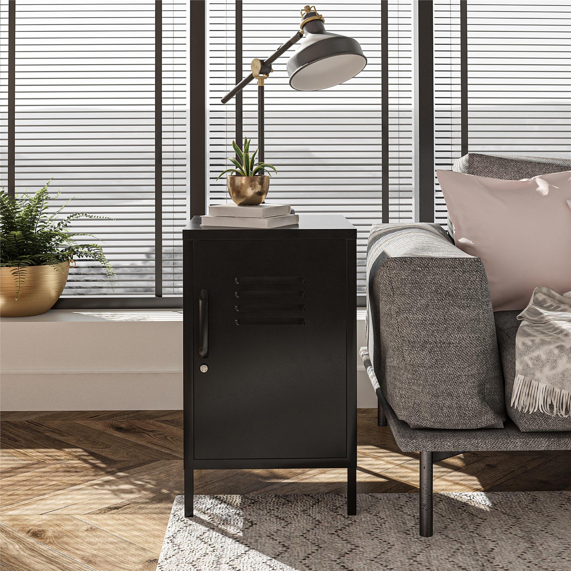 Shadwick Closed Door Metal Locker End Table with 2 Shelves - Black