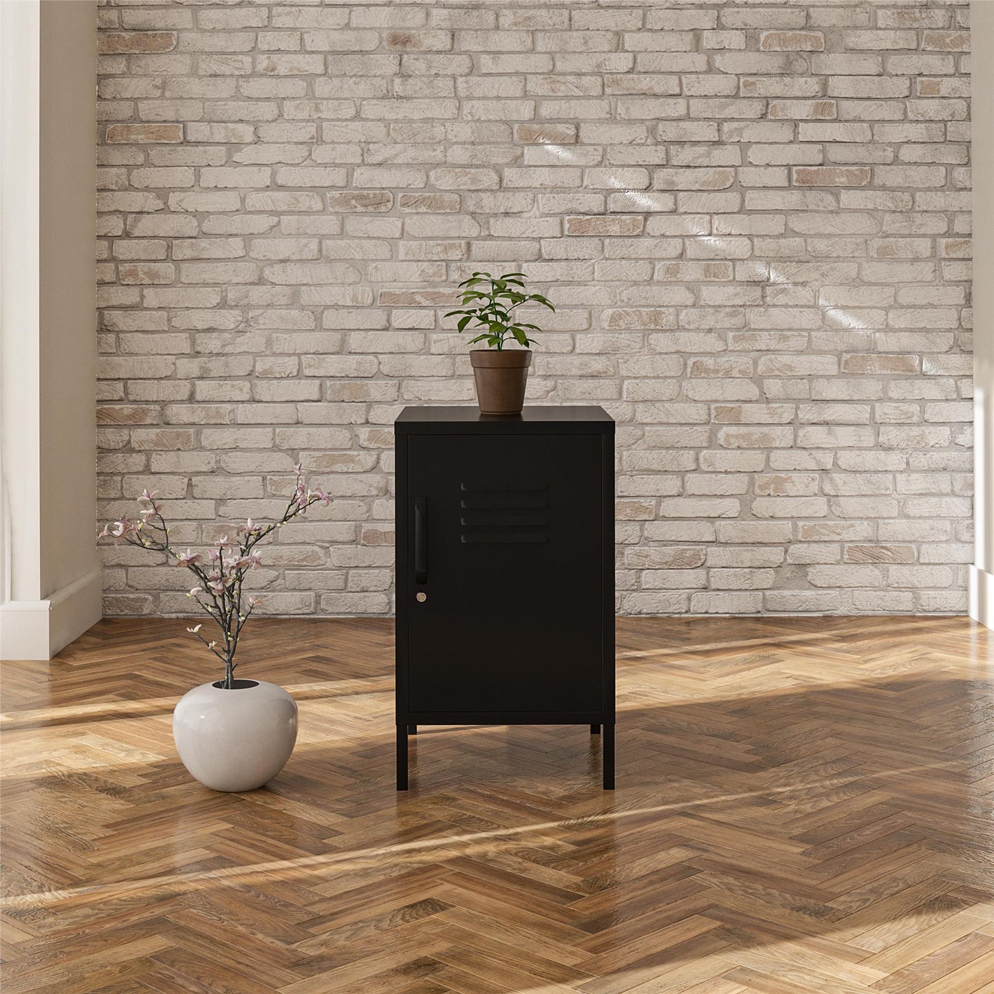 Shadwick Closed Door Metal Locker End Table with 2 Shelves - Black