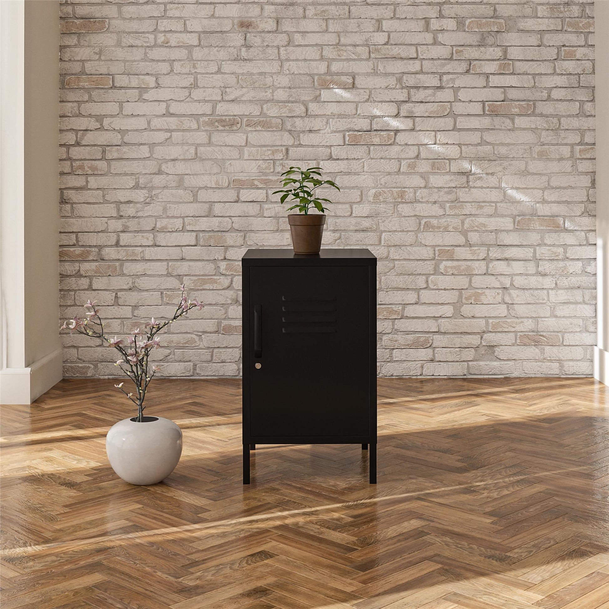 Shadwick Closed Door Metal Locker End Table with 2 Shelves - Black