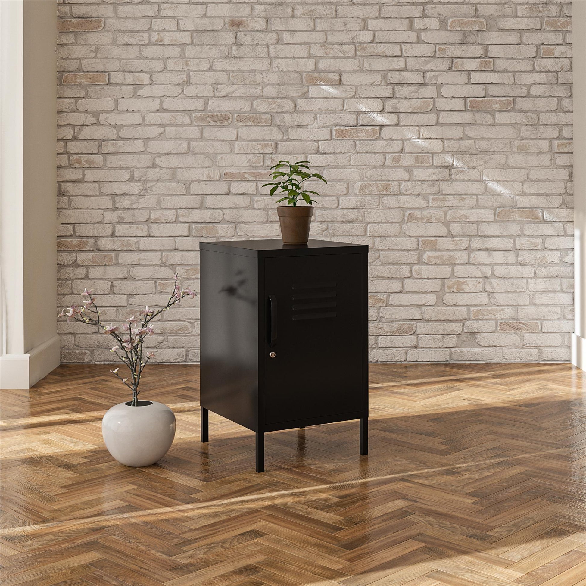 Shadwick Closed Door Metal Locker End Table with 2 Shelves - Black