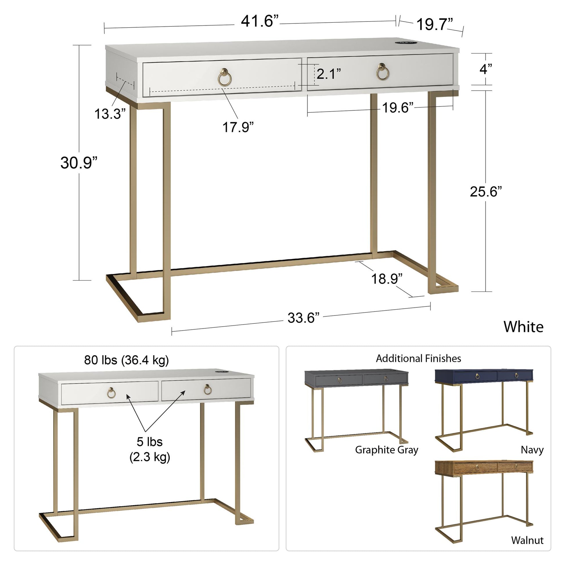 Olten Computer Desk with 2 Drawers and Wireless Charging Spot - Graphite Grey