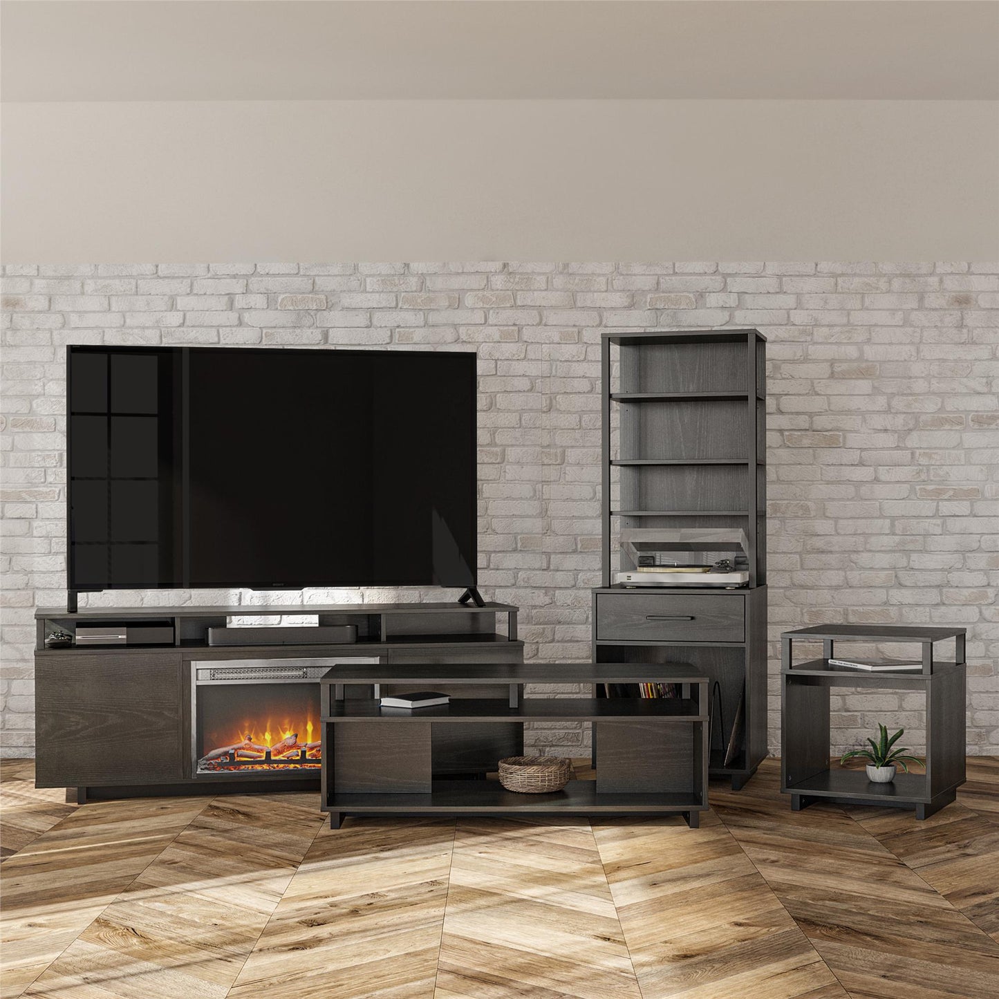 Mason Fireplace TV Stand for TVs up to 65 Inch with 4 Open Side Shelves - Black Oak