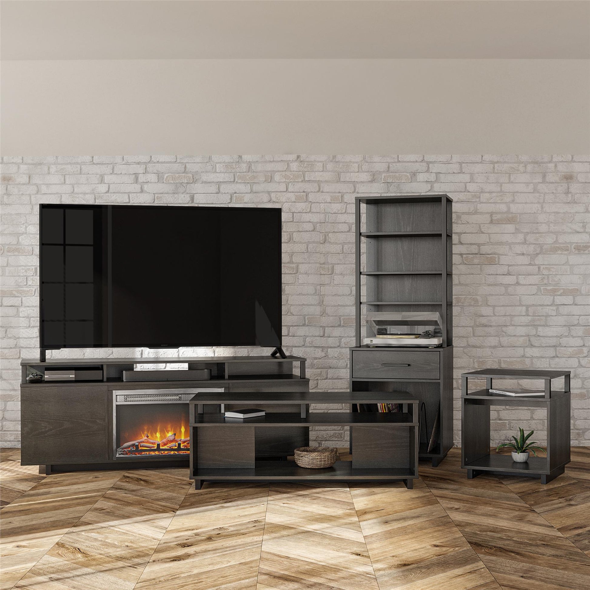 Mason Fireplace TV Stand for TVs up to 65 Inch with 4 Open Side Shelves - Black Oak