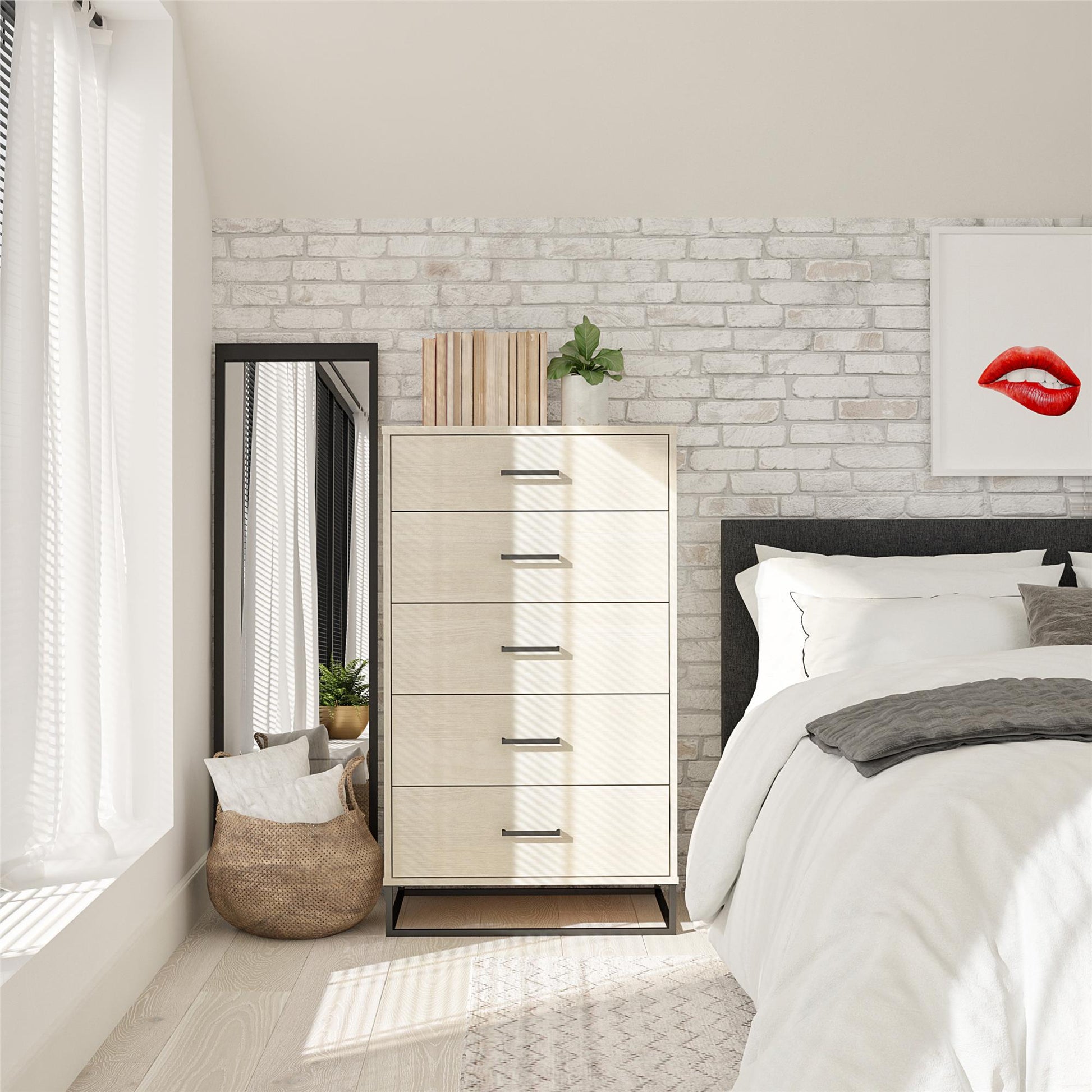 Kelly 5 Drawer Dresser, Ivory Oak - Ivory Oak