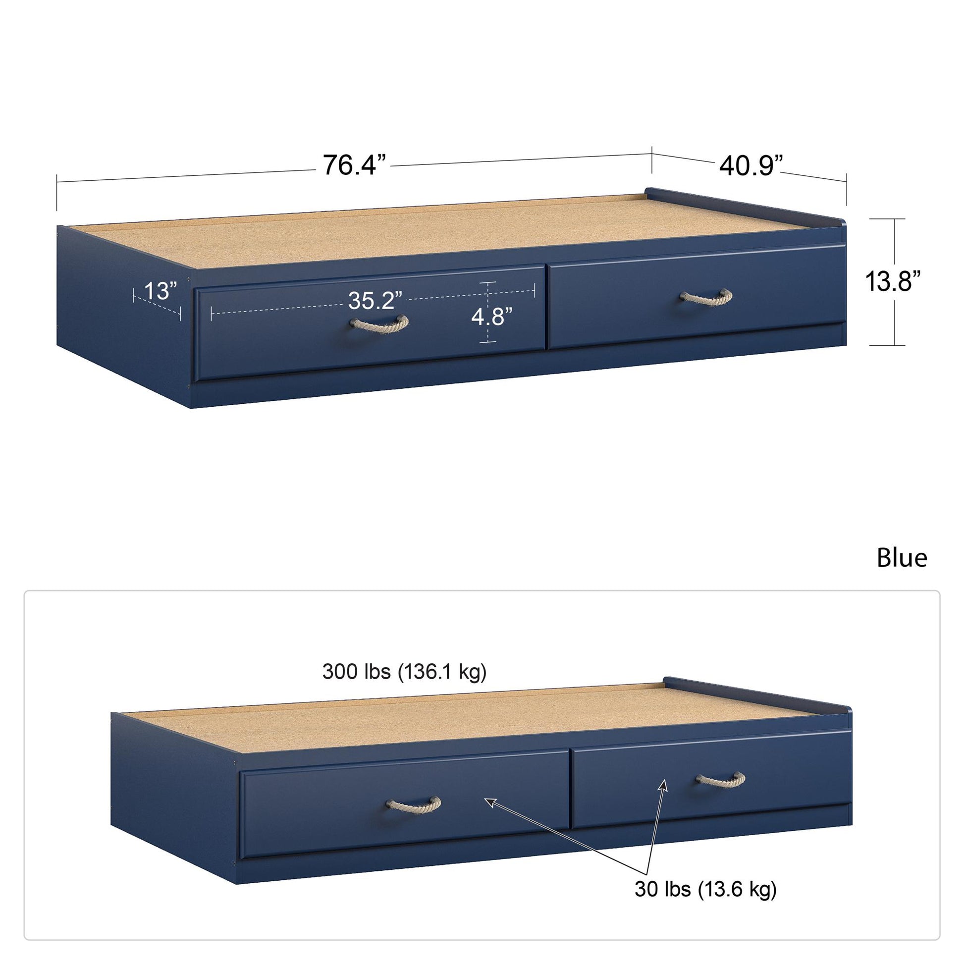 Sierra Ridge Mesa Bed with 2 Large Storage Drawers and Rope Pulls - Blue - Twin