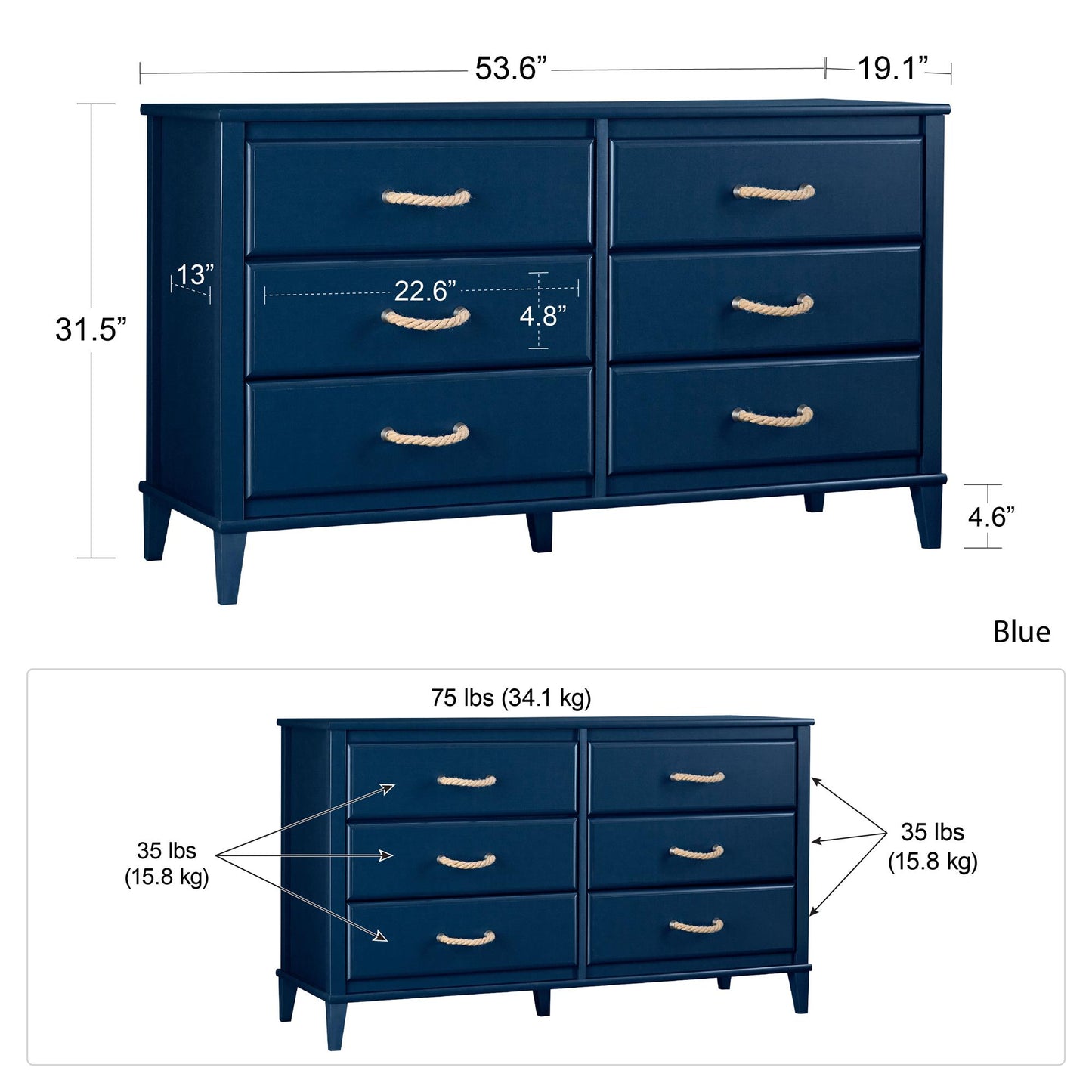 Sierra Ridge Mesa Kids’ 6 Drawer Dresser with Rope Drawer Pulls - Blue