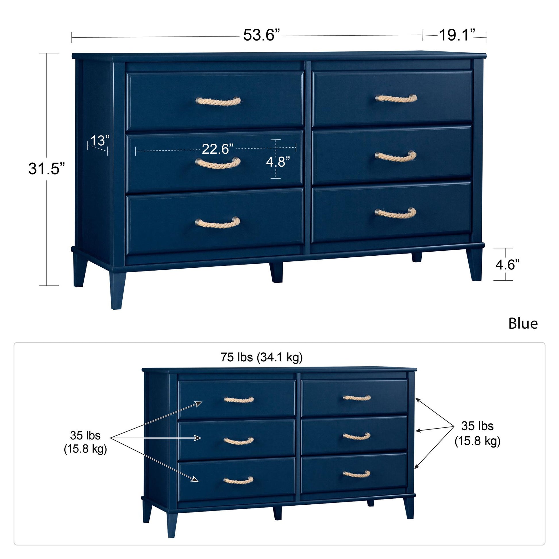 Sierra Ridge Mesa Kids’ 6 Drawer Dresser with Rope Drawer Pulls - Blue
