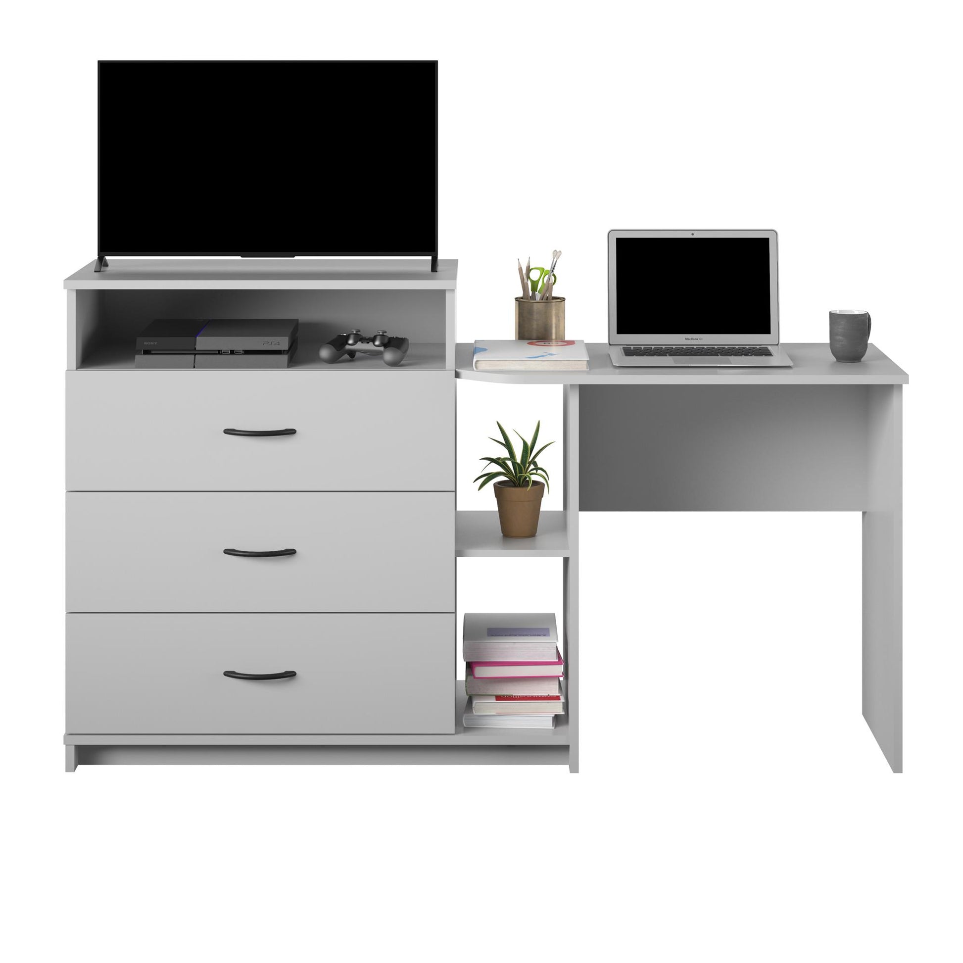 Rebel 3 in 1 Media Dresser with Side Storage and Desk - Dove Gray