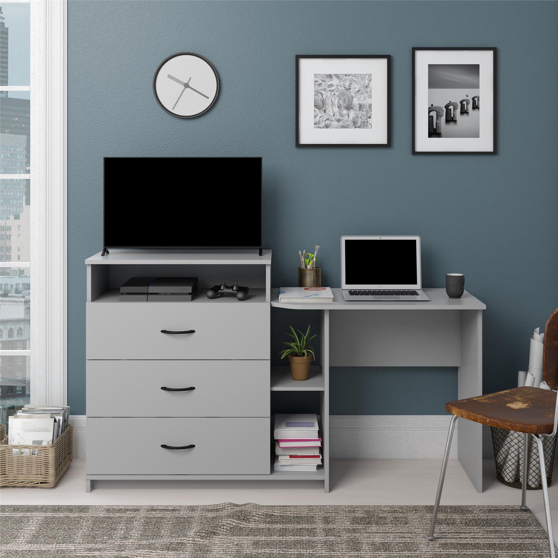 Rebel 3 in 1 Media Dresser with Side Storage and Desk - Dove Gray