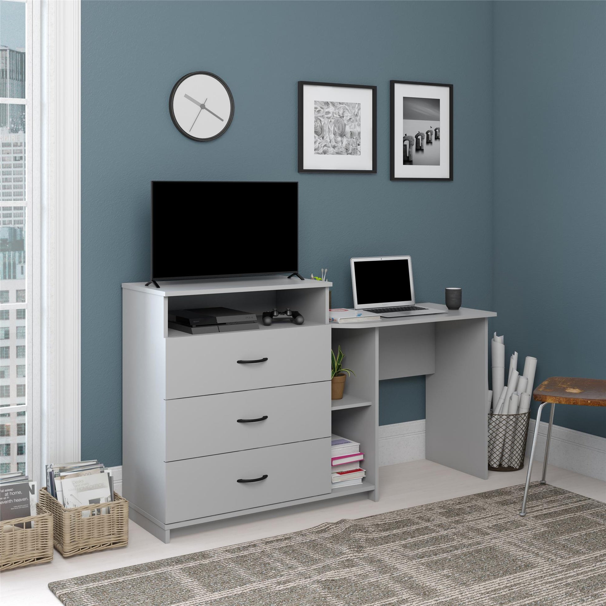 Rebel 3 in 1 Media Dresser with Side Storage and Desk - Black Oak