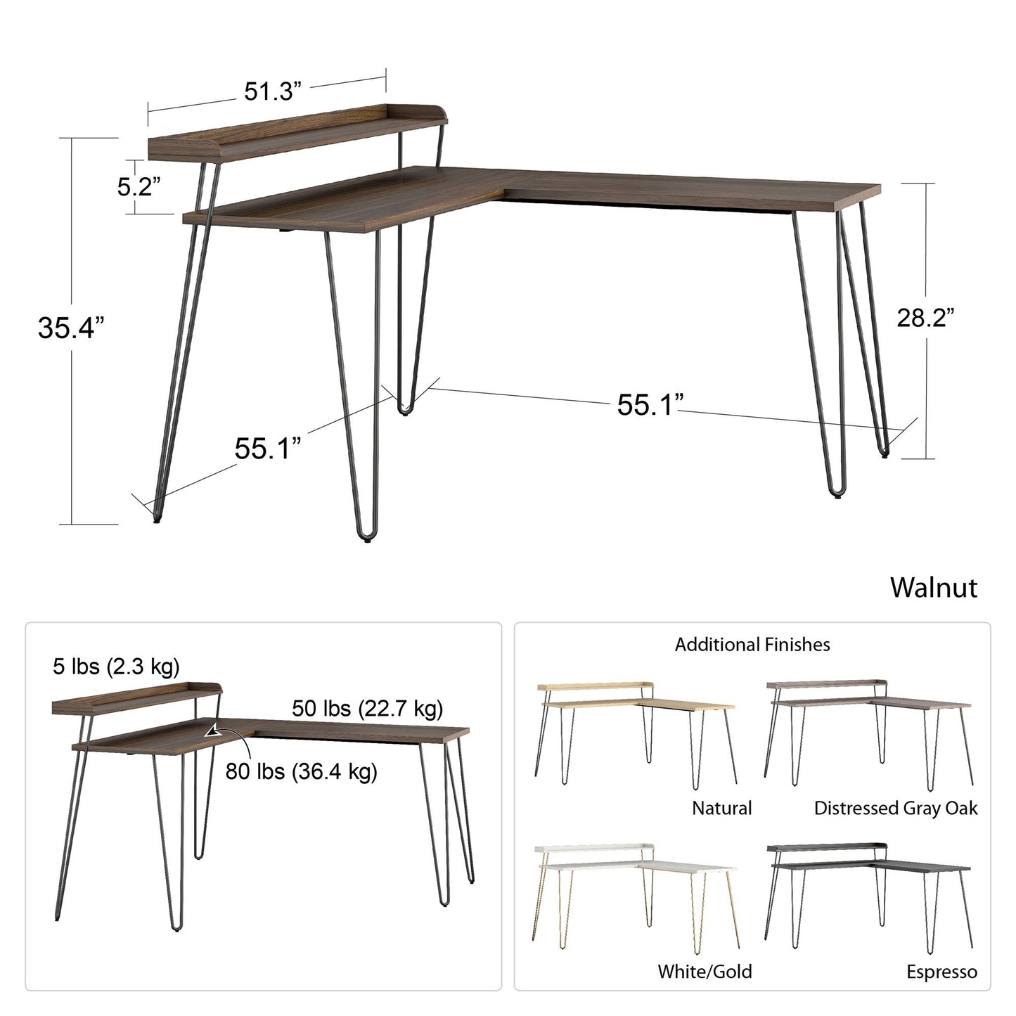 Haven Retro Computer L Desk with Riser and Metal Hairpin Legs - Natural