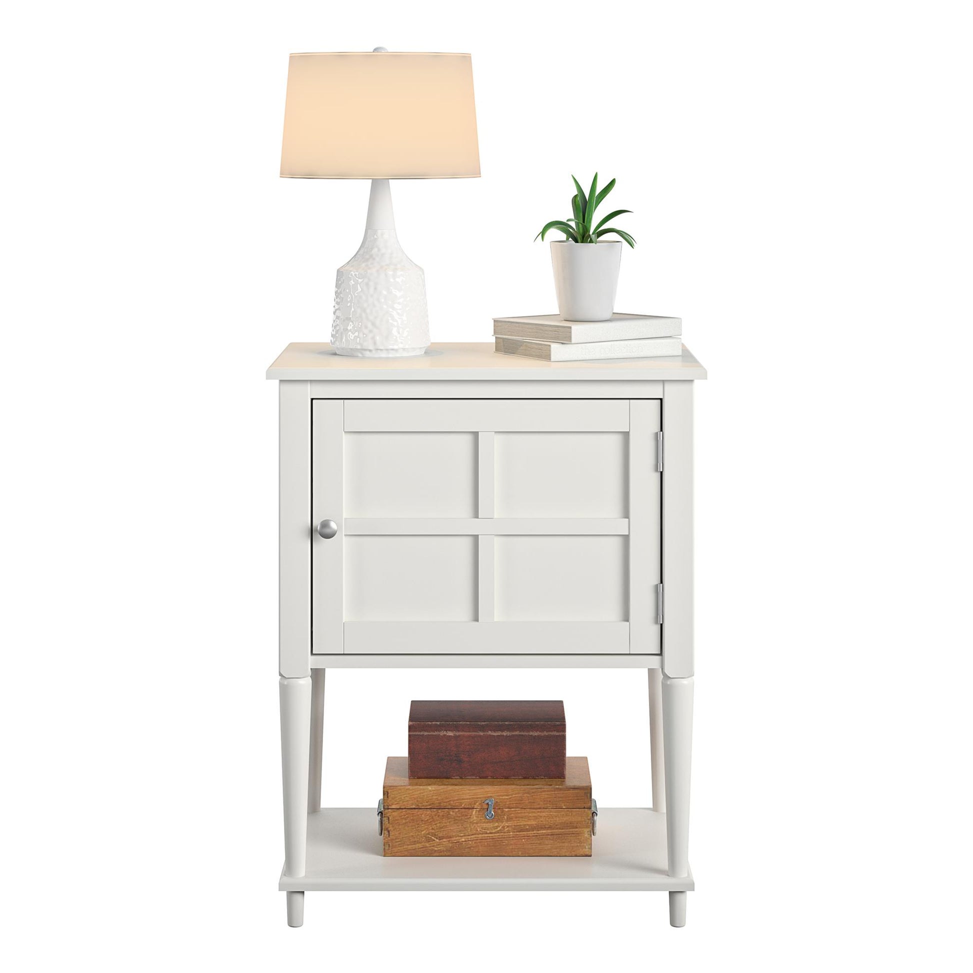 Fairmont Accent Table with 3 Shelves and Mullioned Frame Door - White