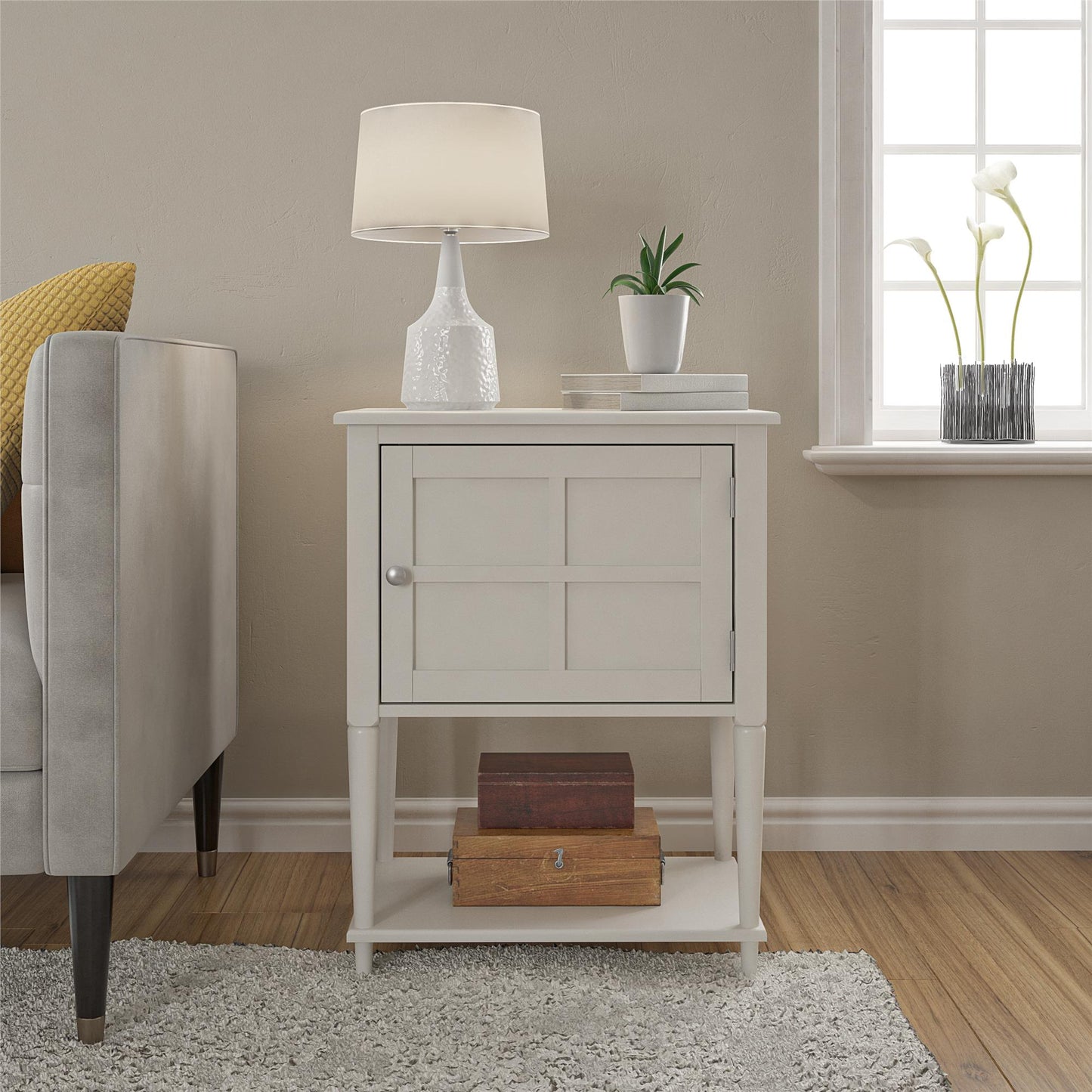 Fairmont Accent Table with 3 Shelves and Mullioned Frame Door - White