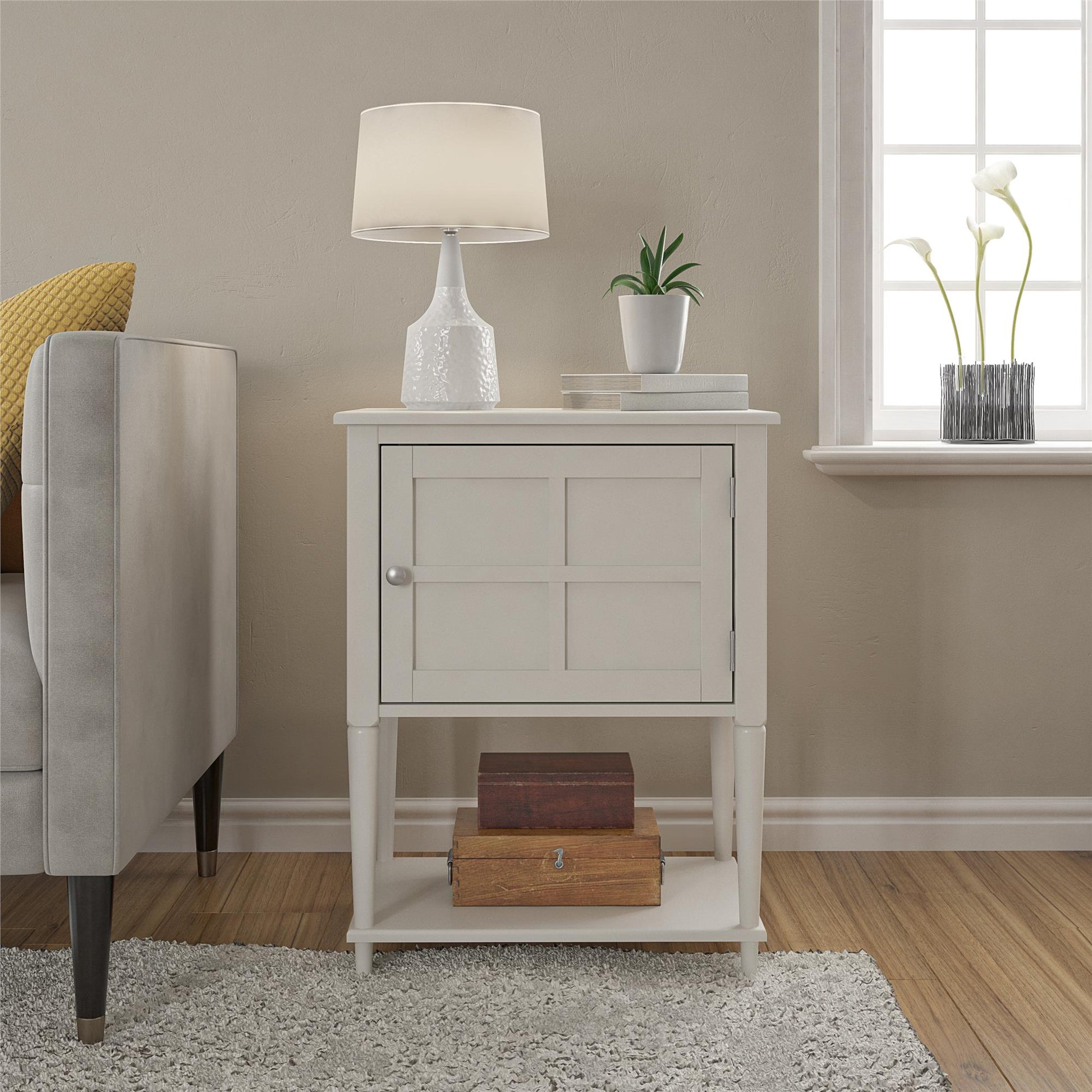 Fairmont Accent Table with 3 Shelves and Mullioned Frame Door - White