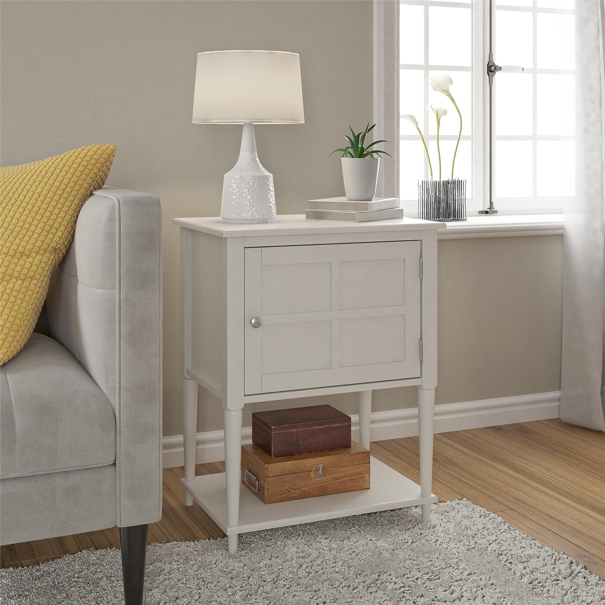 Fairmont Accent Table with 3 Shelves and Mullioned Frame Door - White