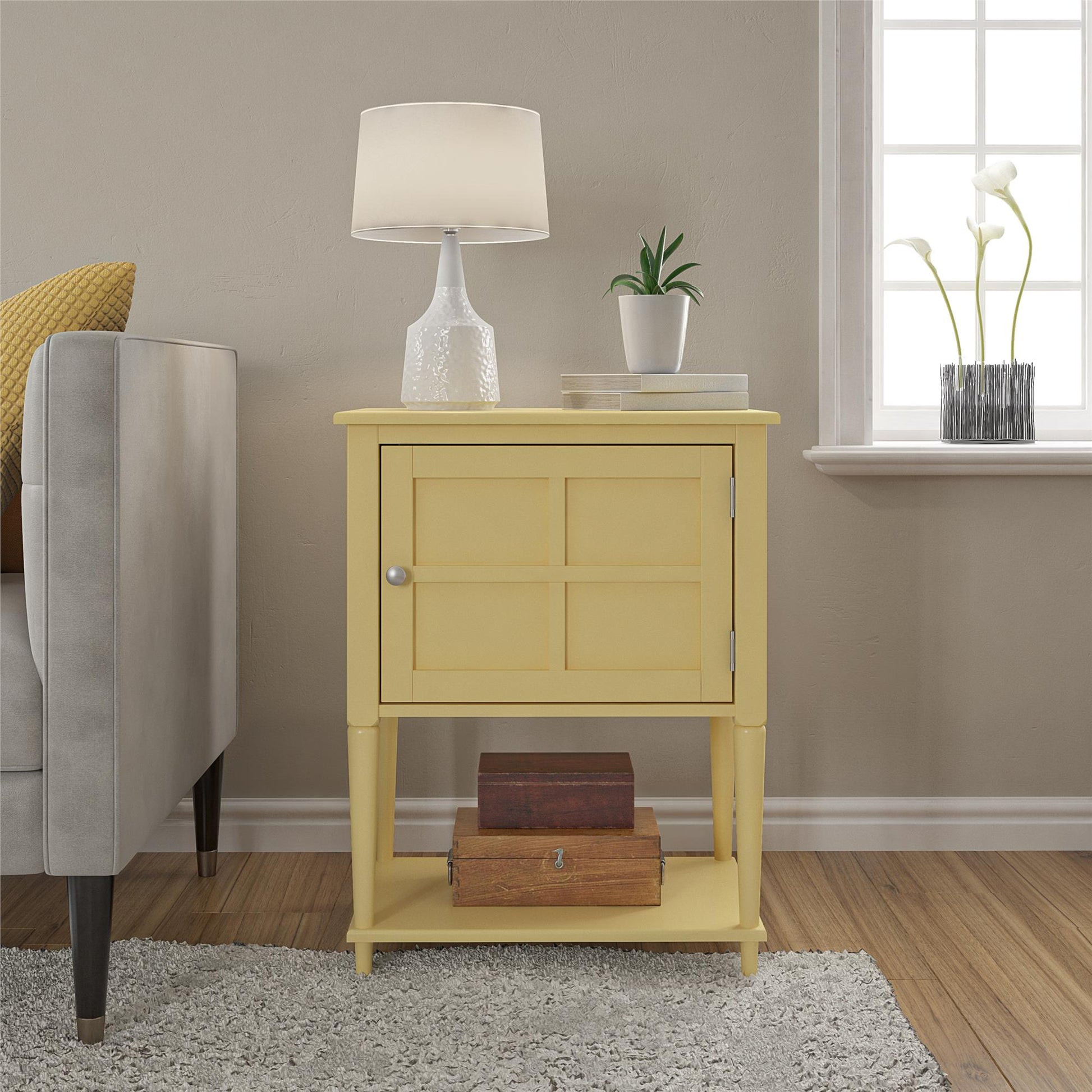 Fairmont Accent Table with 3 Shelves and Mullioned Frame Door - Yellow