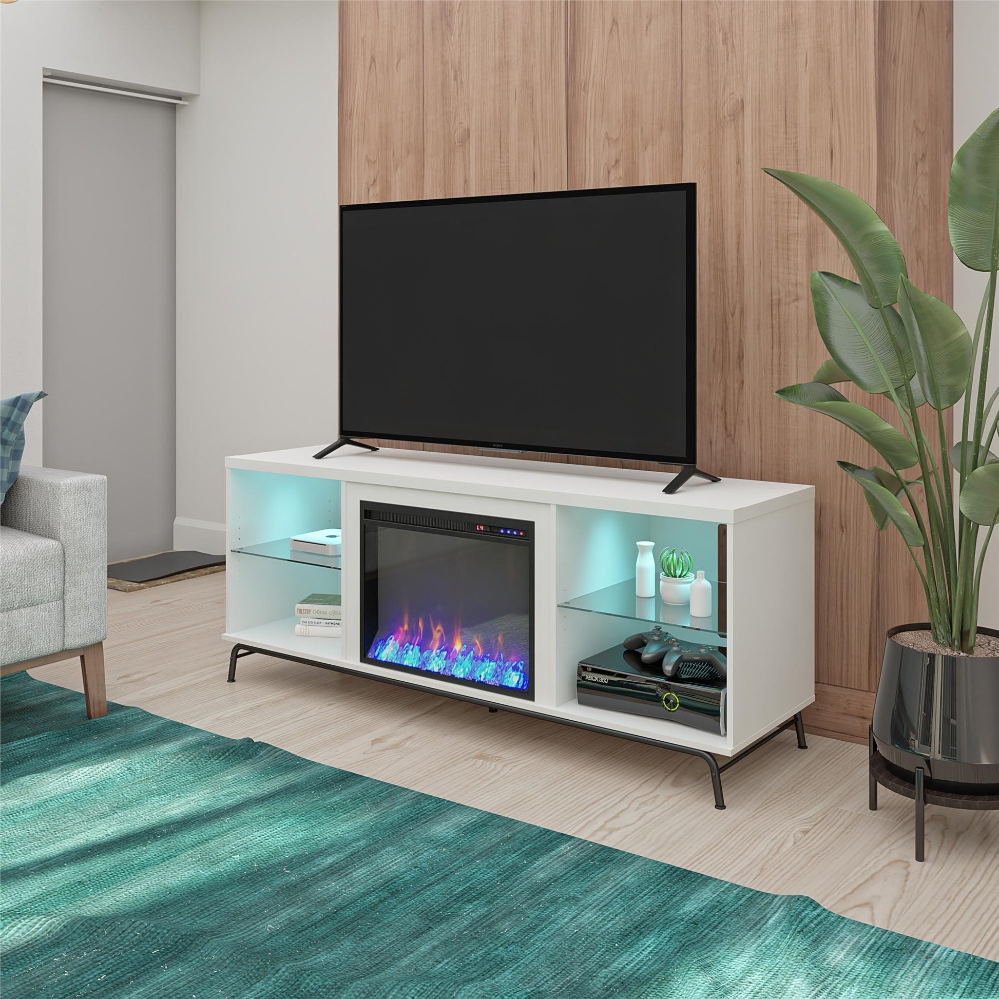 Melbourne Fireplace TV Stand for TVs up to 70 Inch with LED Lighting - White