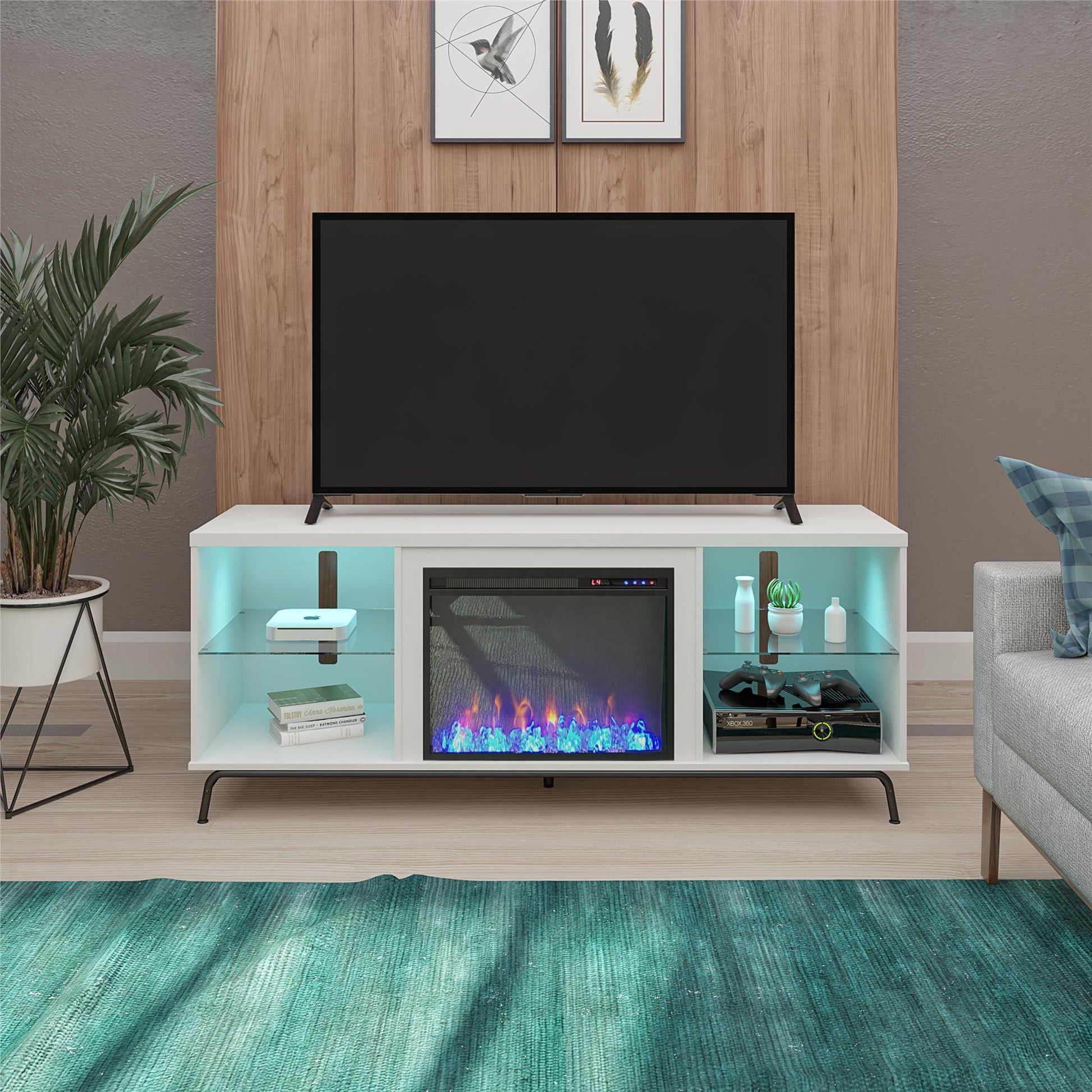Melbourne Fireplace TV Stand for TVs up to 70 Inch with LED Lighting - White