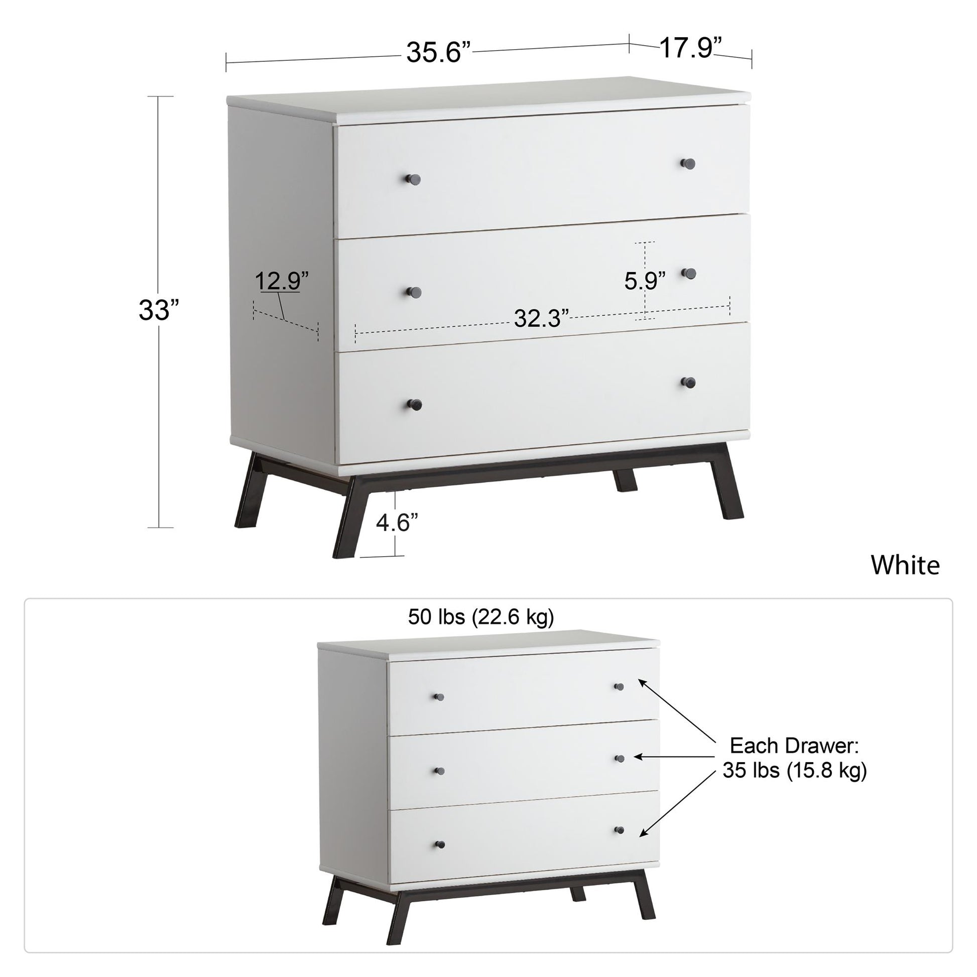 Rowan Valley Lark Urban 3 Drawer Dresser with Angled Metal Base - White