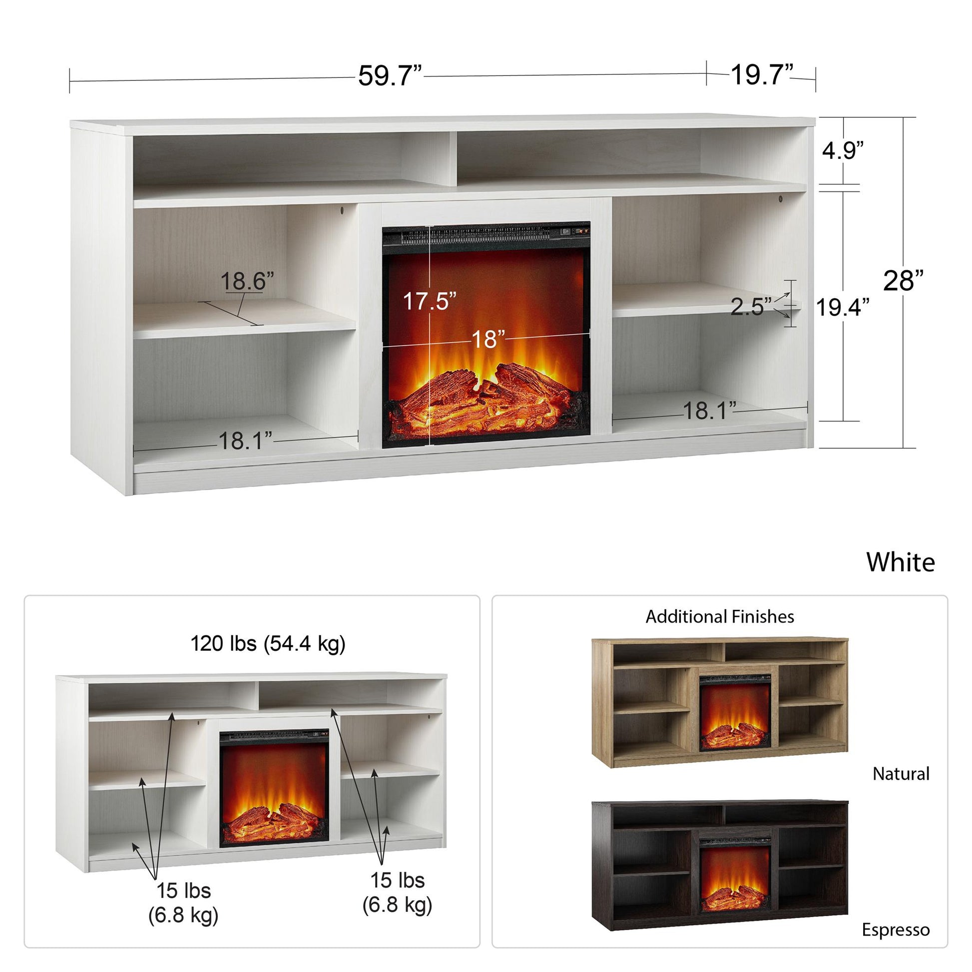 Vesta Fireplace TV Stand for TVs up to 65 Inches with 6 Storage Shelves - Natural