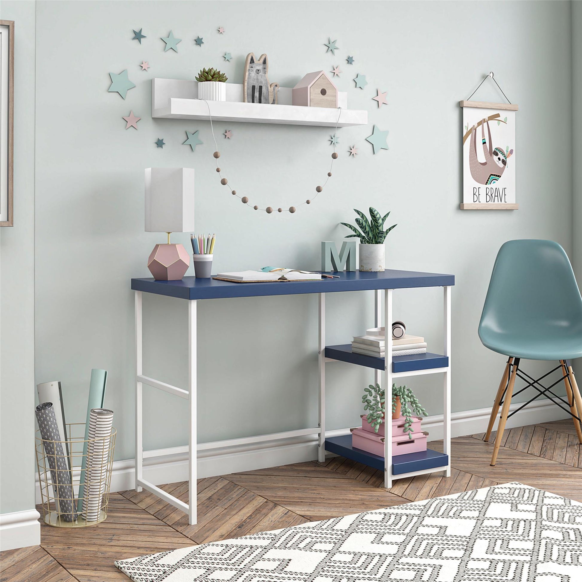 Kimberly Kids Desk with Reversible Shelves and Large Work Surface - White