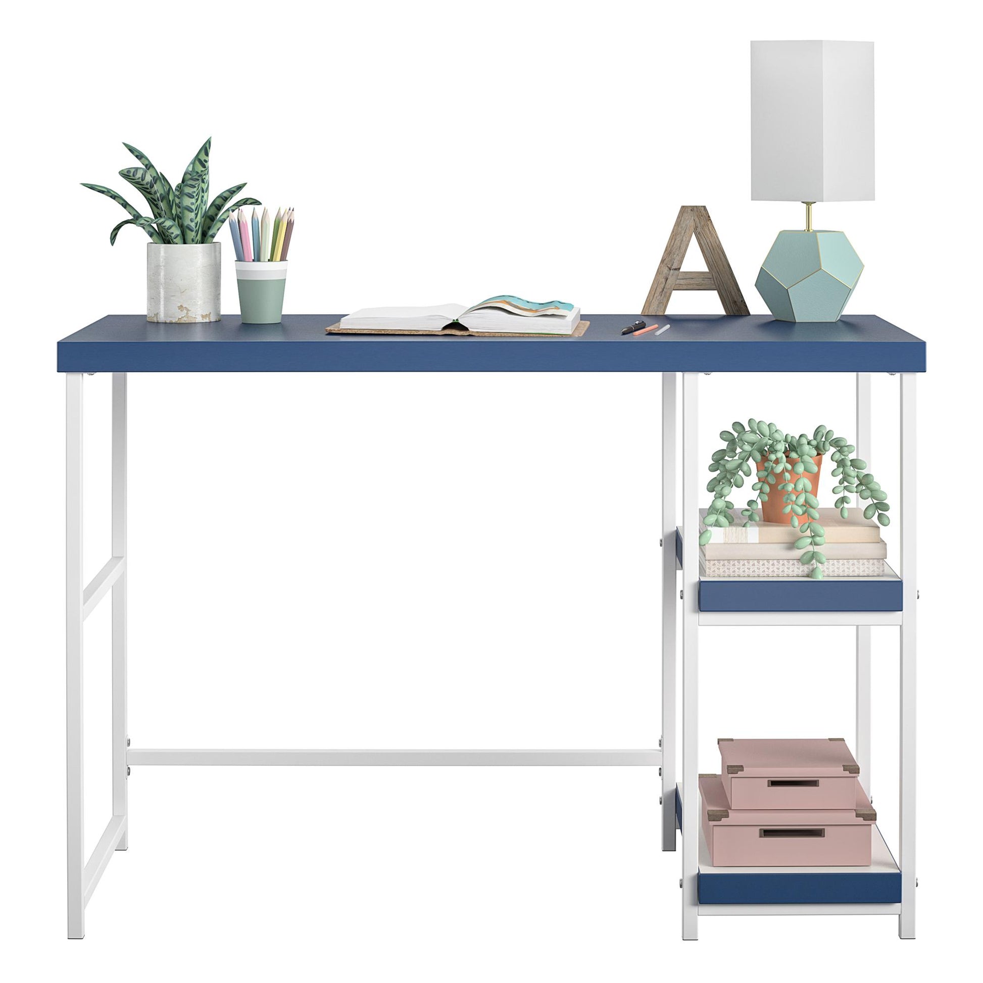 Kimberly Kids Desk with Reversible Shelves and Large Work Surface - Navy