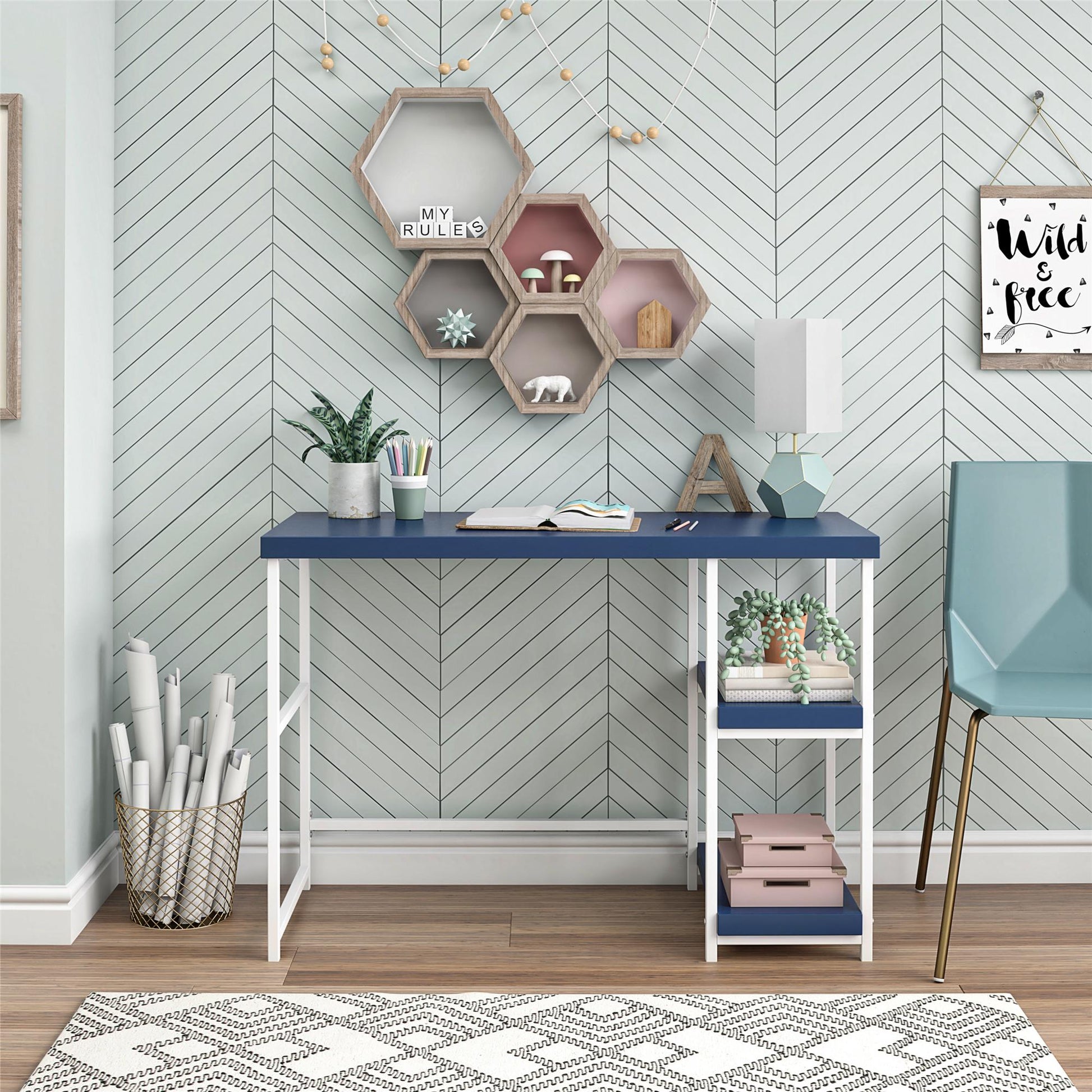 Kimberly Kids Desk with Reversible Shelves and Large Work Surface - Navy