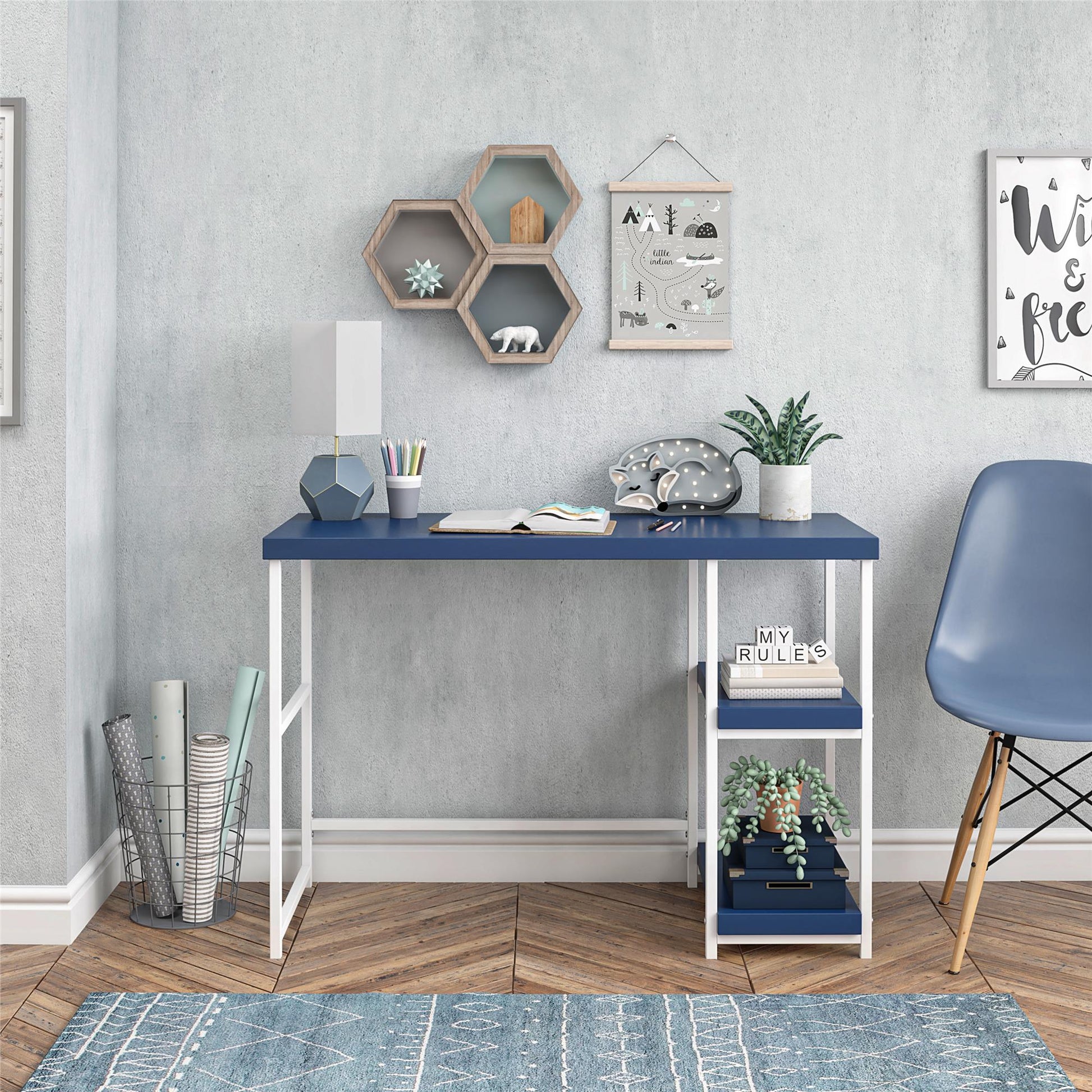 Kimberly Kids Desk with Reversible Shelves and Large Work Surface - Navy