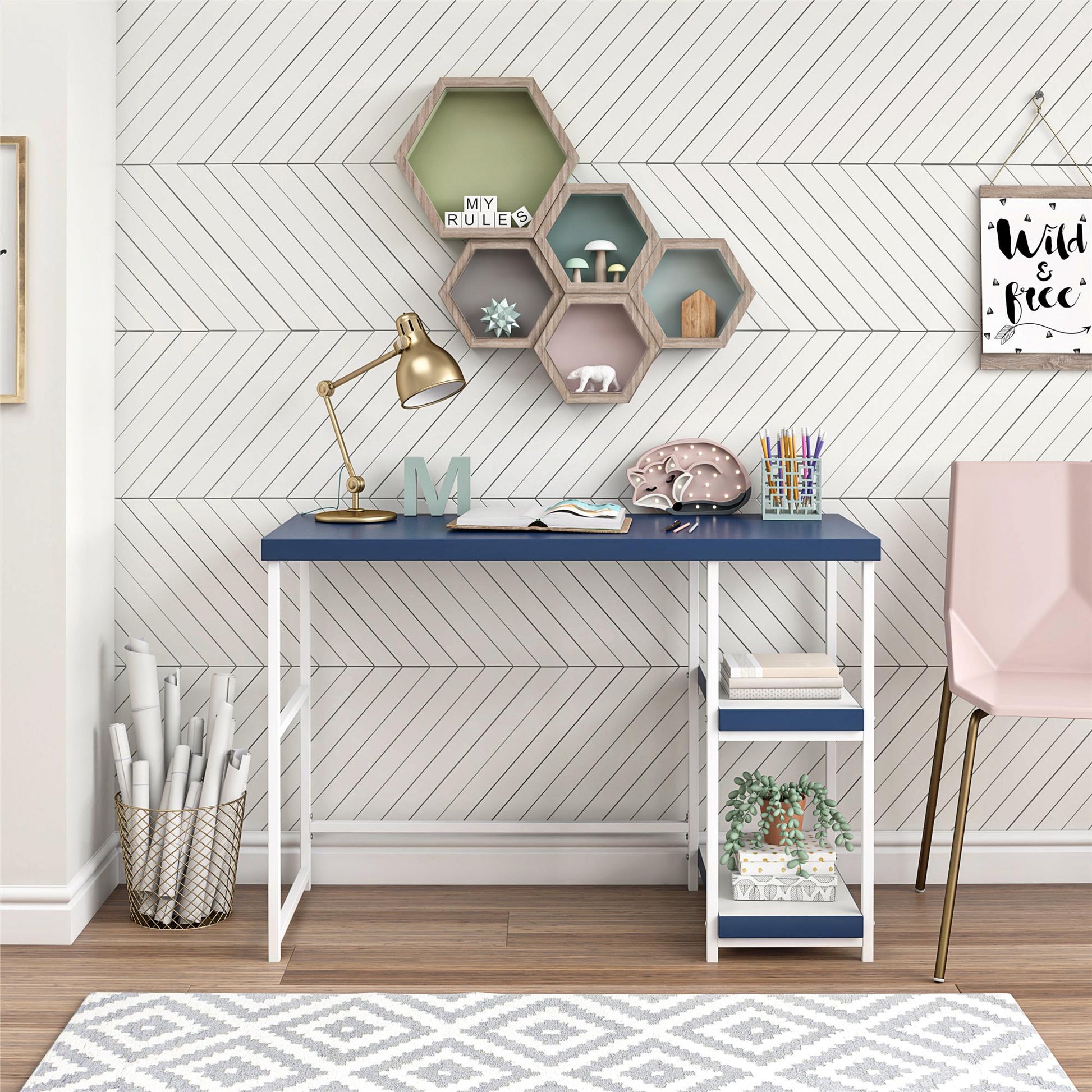 Kimberly Kids Desk with Reversible Shelves and Large Work Surface - Navy