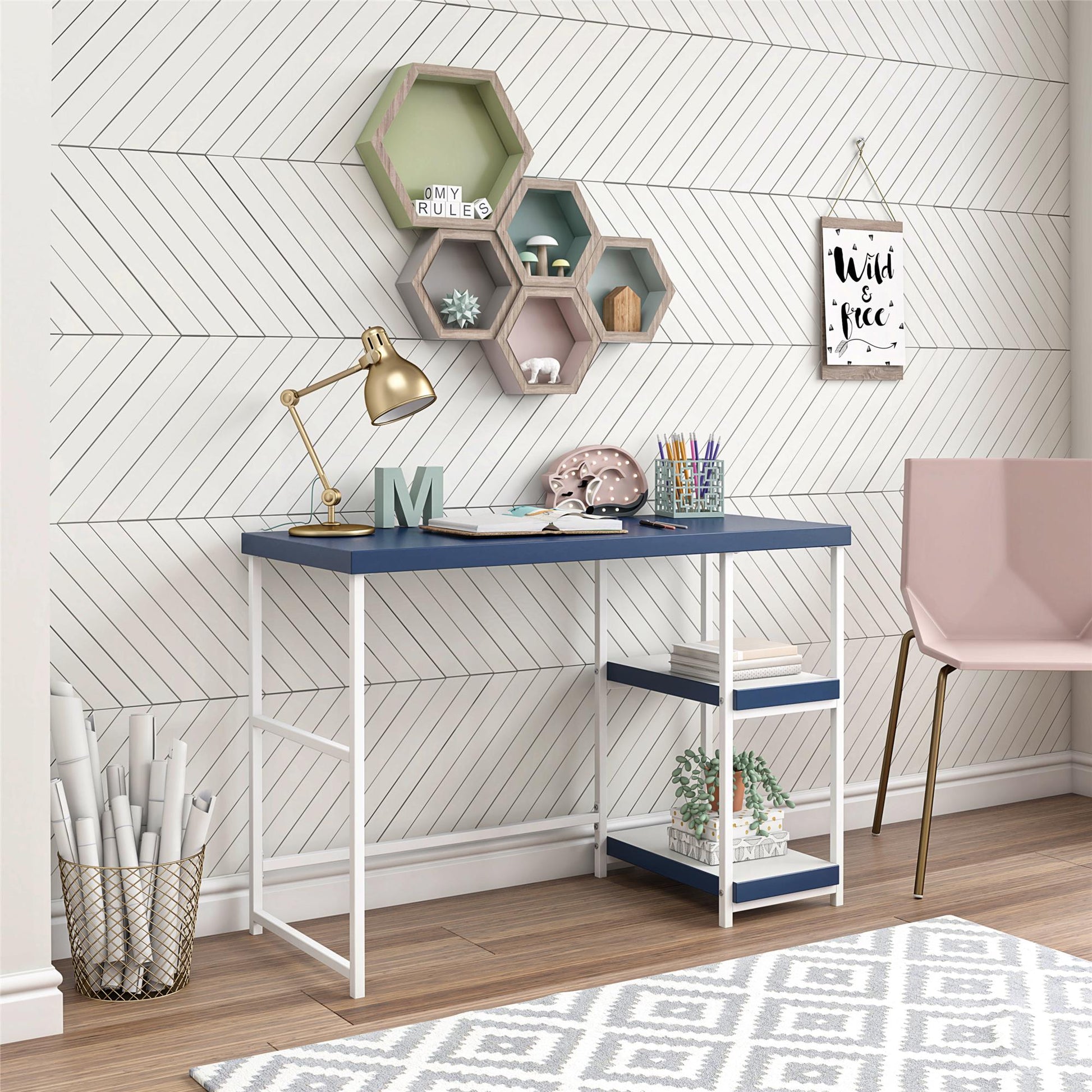 Kimberly Kids Desk with Reversible Shelves and Large Work Surface - Navy