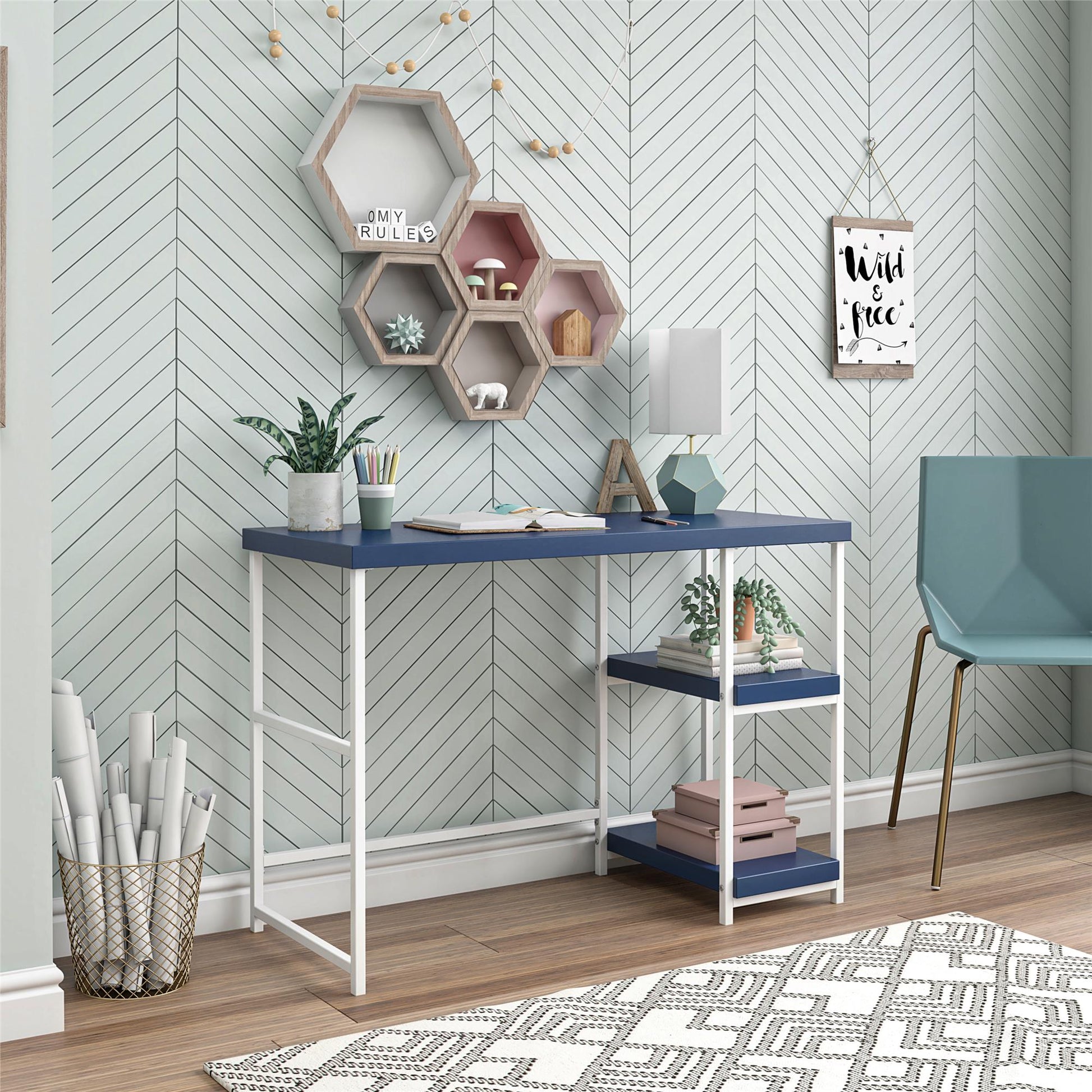 Kimberly Kids Desk with Reversible Shelves and Large Work Surface - Navy