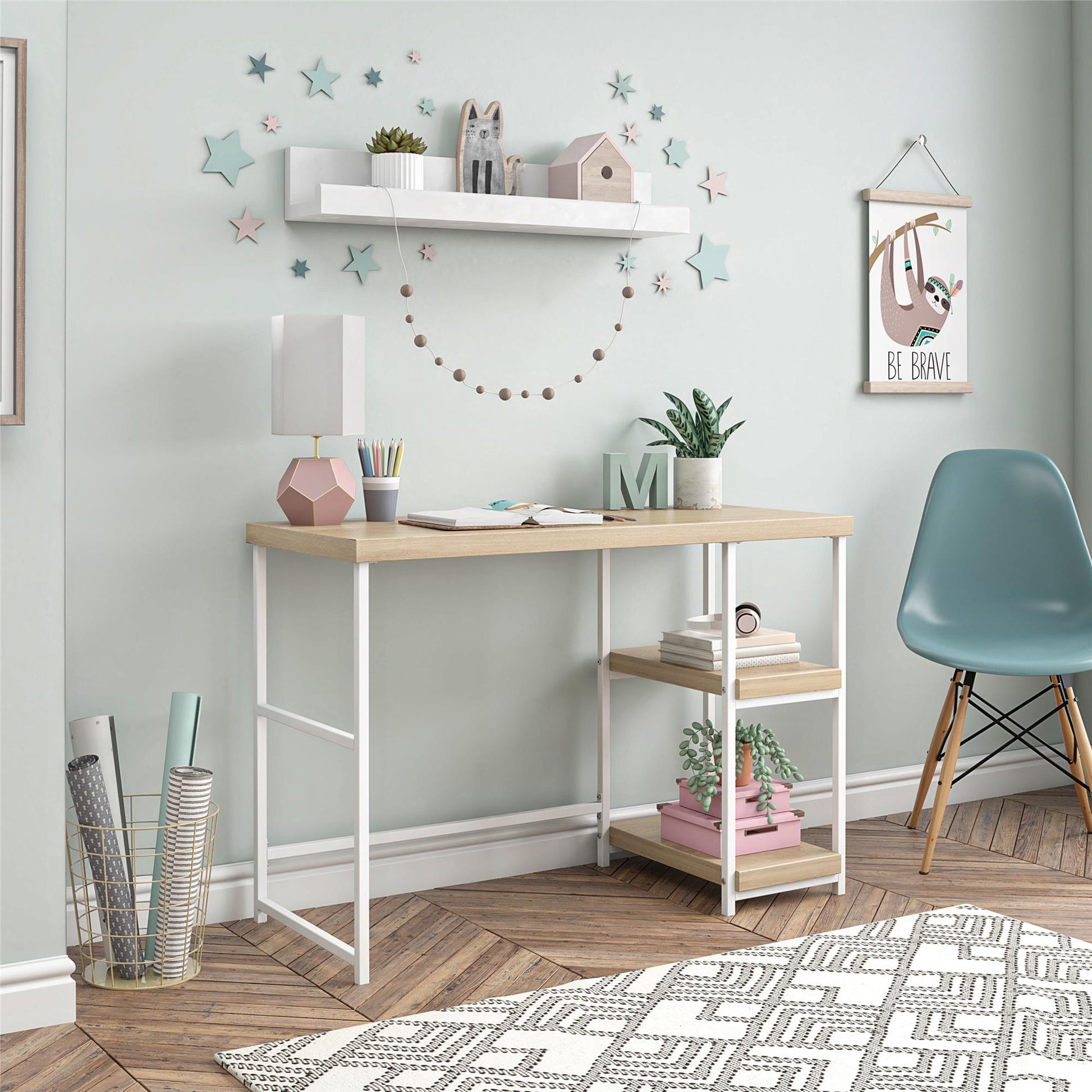 Kimberly Kids Desk with Reversible Shelves and Large Work Surface - White