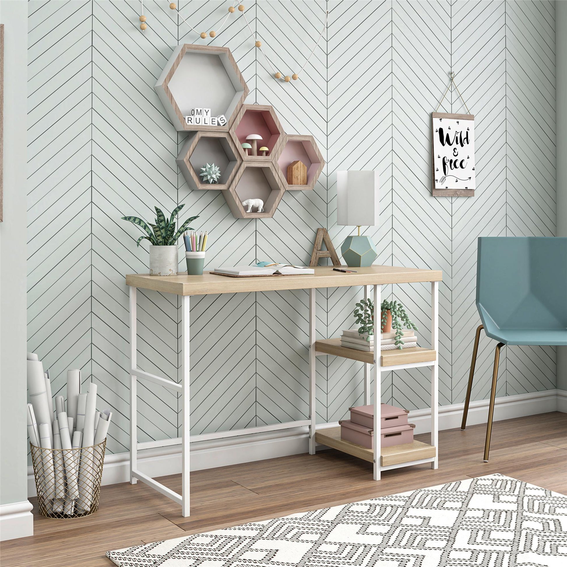 Kimberly Kids Desk with Reversible Shelves and Large Work Surface - Blonde Oak