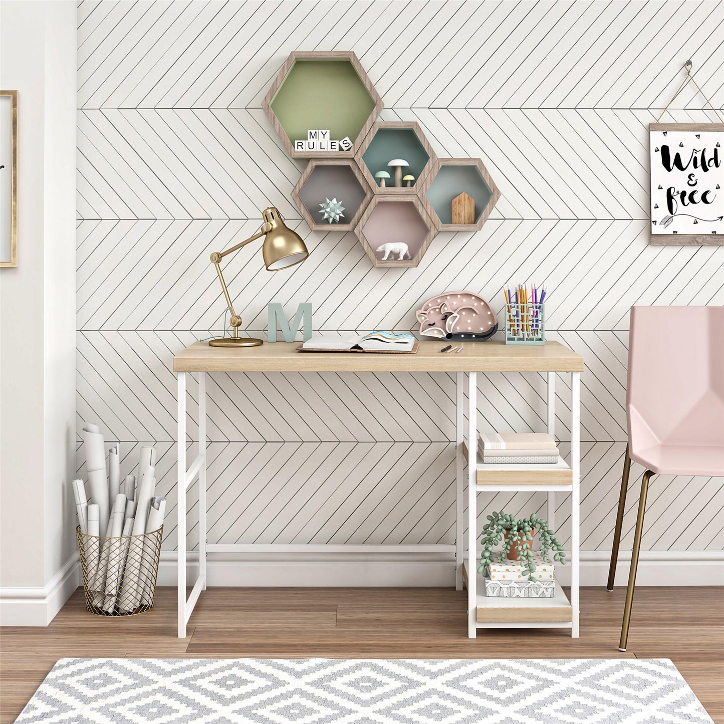 Kimberly Kids Desk with Reversible Shelves and Large Work Surface - Blonde Oak