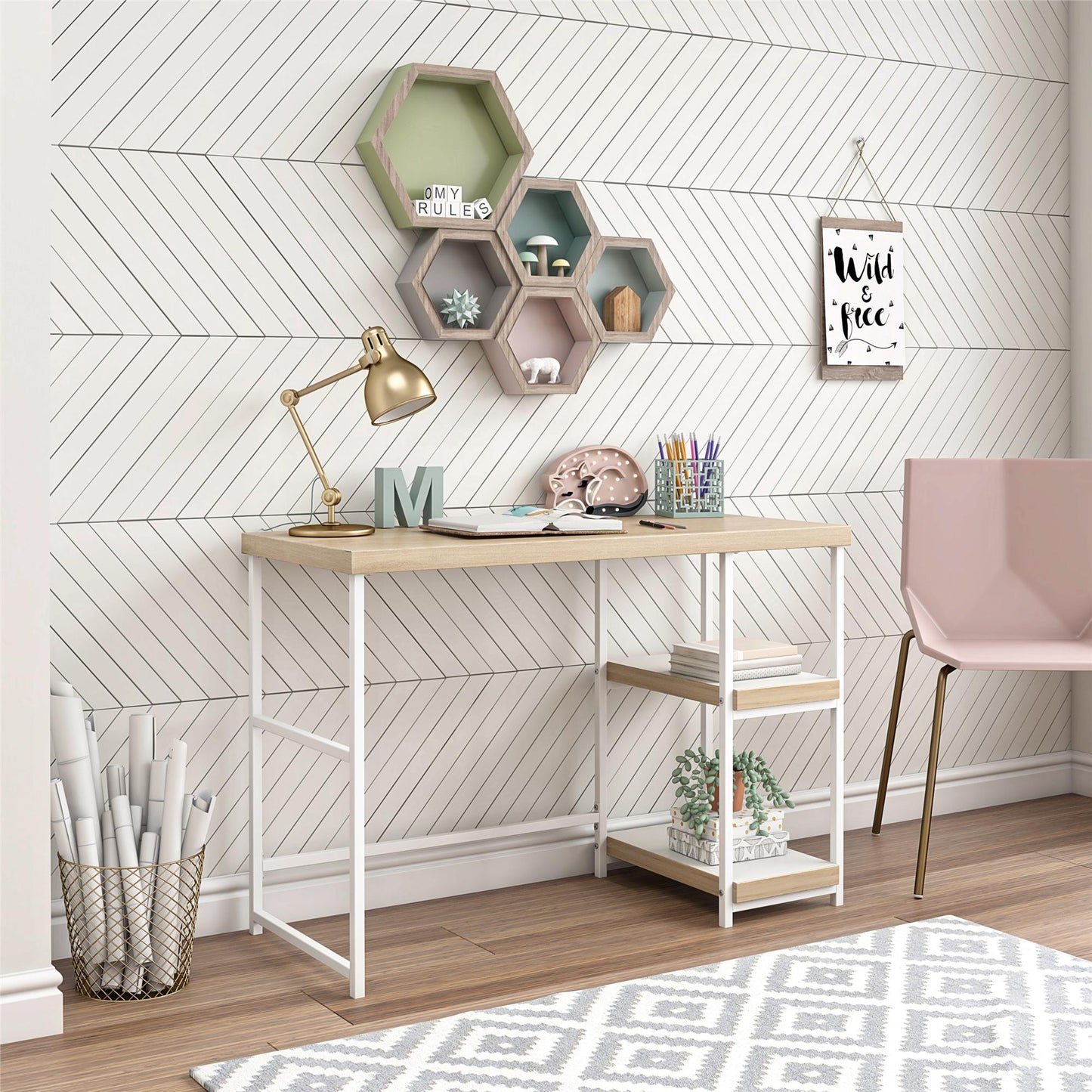 Kimberly Kids Desk with Reversible Shelves and Large Work Surface - Blonde Oak