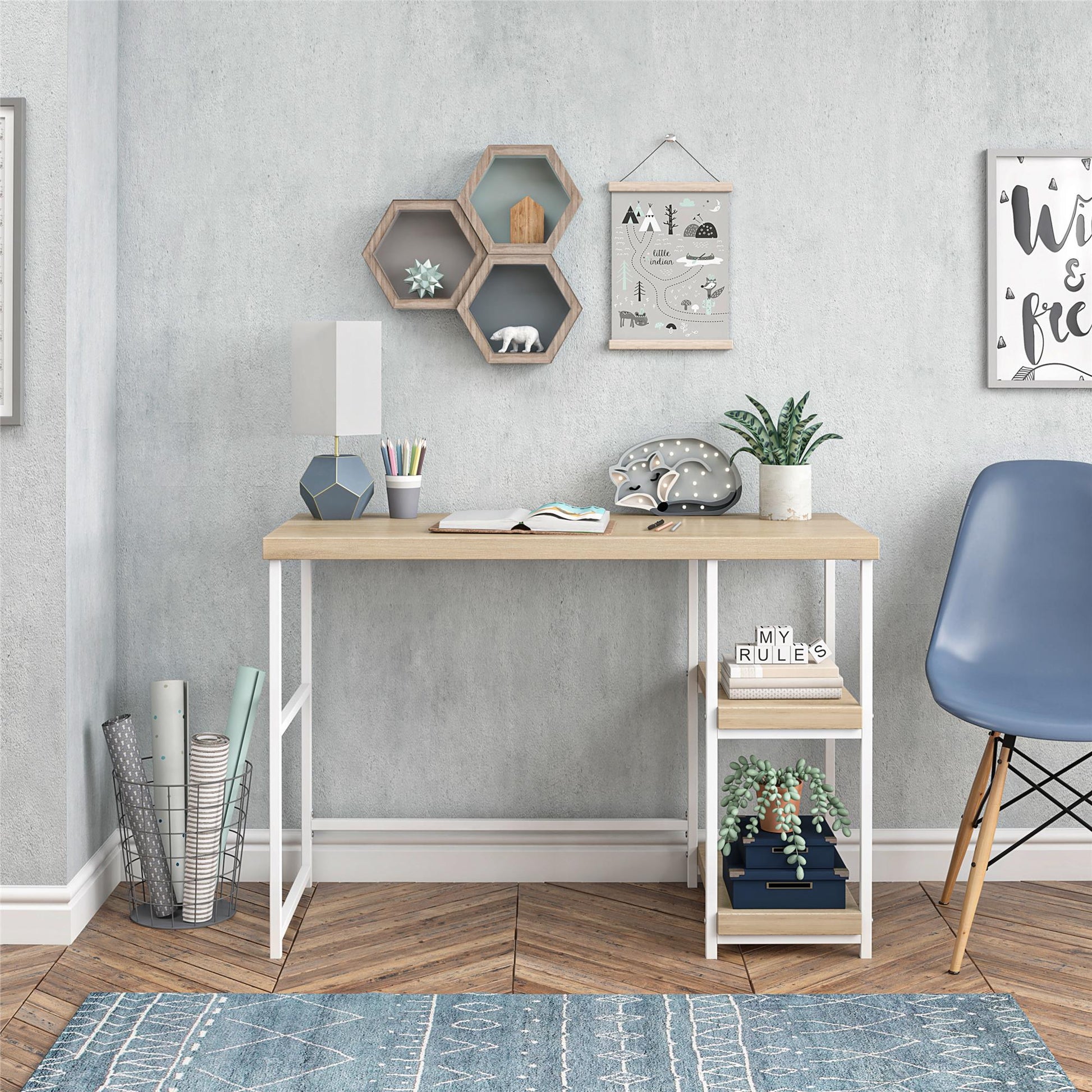 Kimberly Kids Desk with Reversible Shelves and Large Work Surface - Blonde Oak
