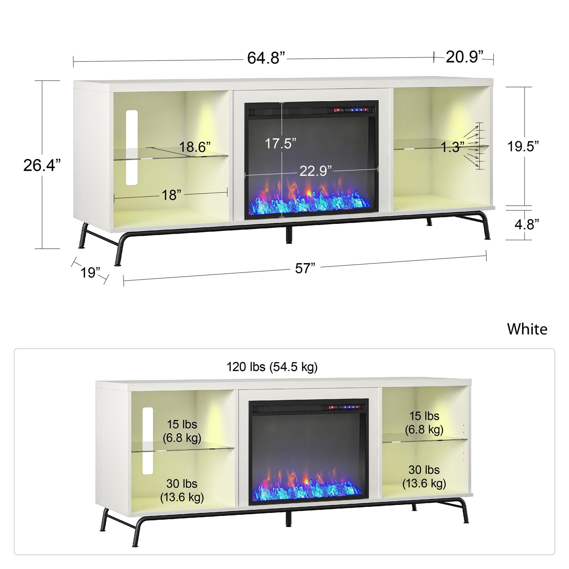 Melbourne Fireplace TV Stand for TVs up to 70 Inch with LED Lighting - White