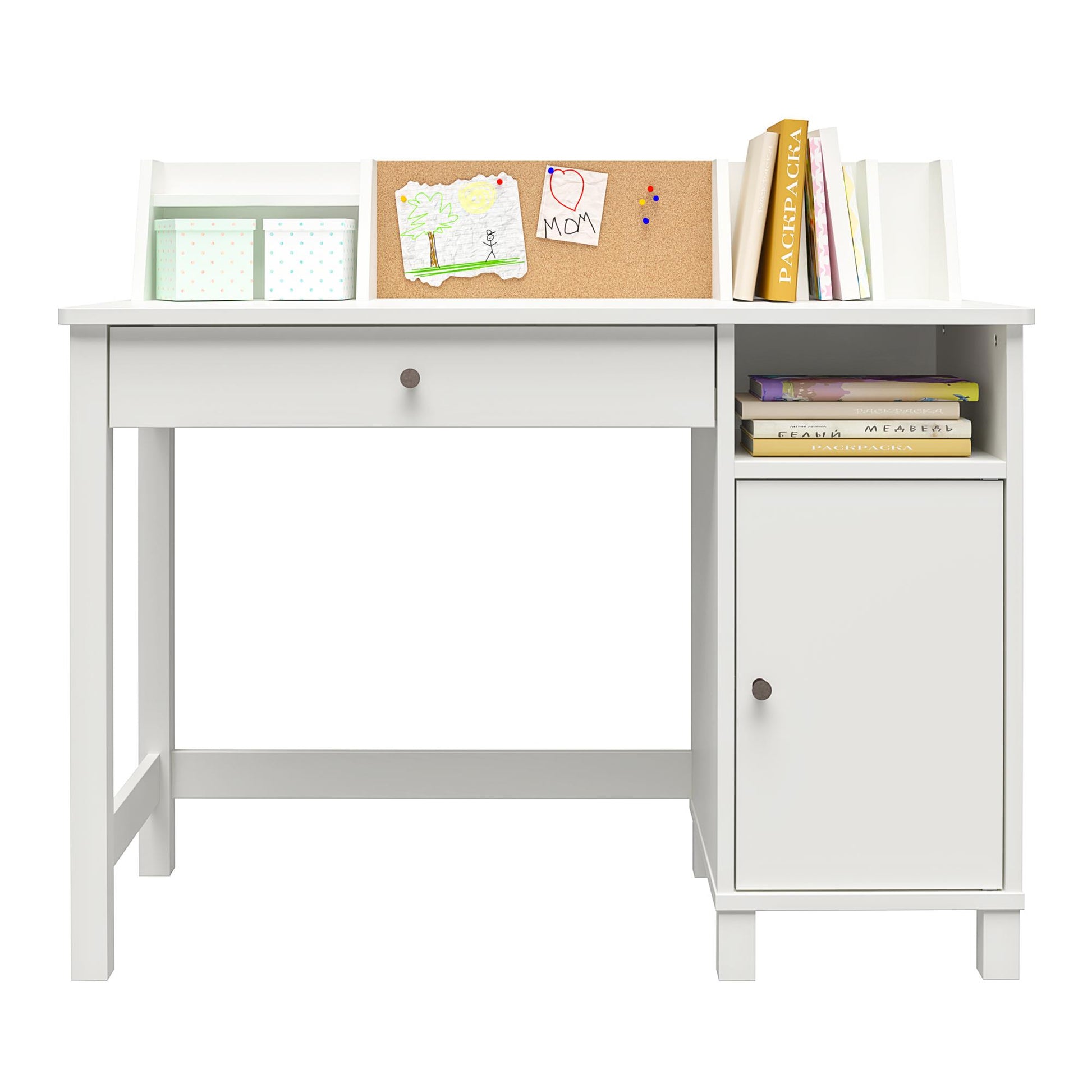 Abigail Kids Desk with Divided Storage Hutch and Chair - White