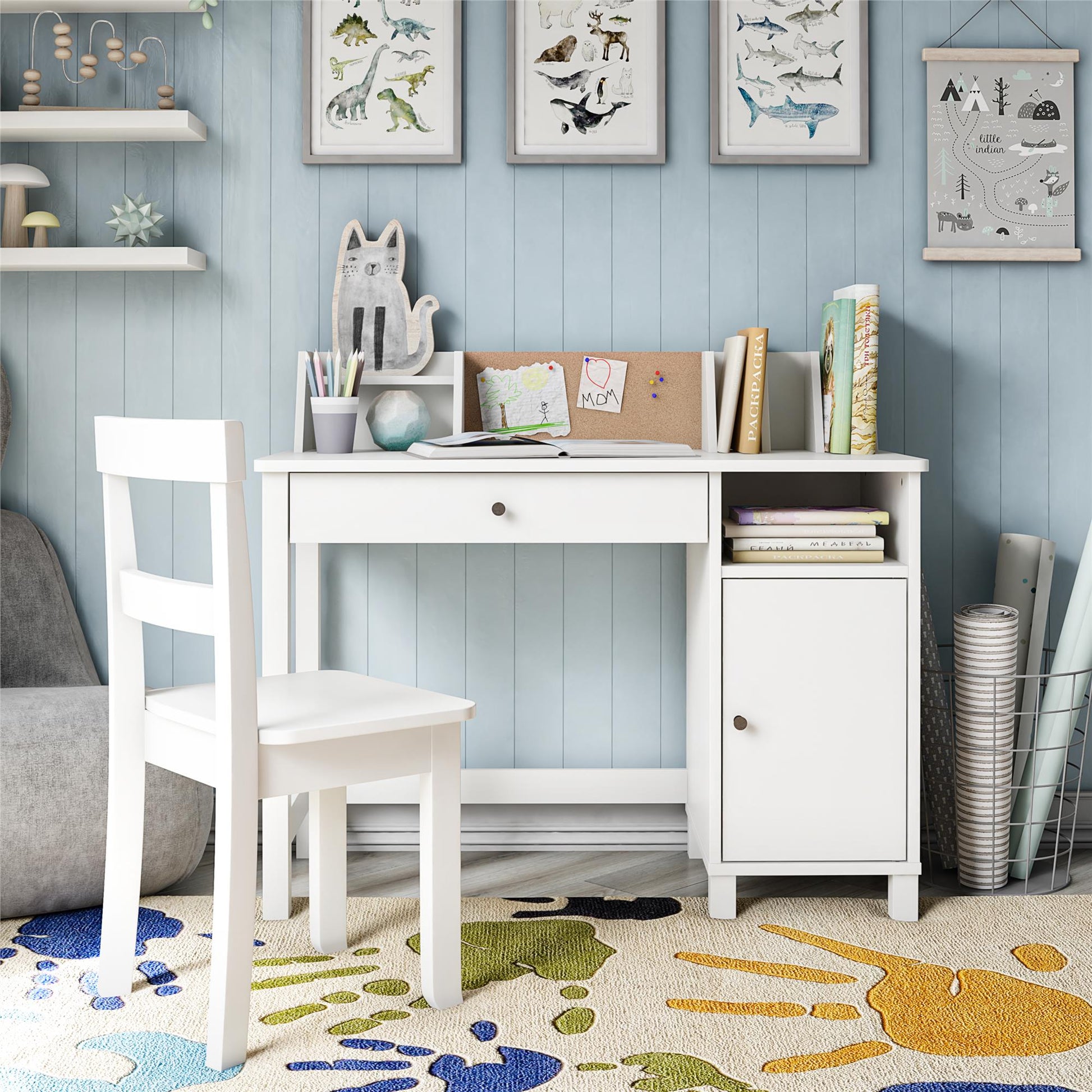 Abigail Kids Desk with Divided Storage Hutch and Chair - White