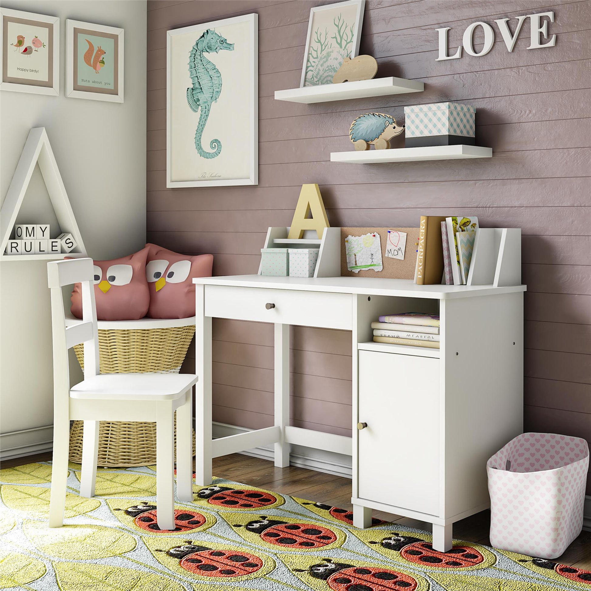 Abigail Kids Desk with Divided Storage Hutch and Chair - White