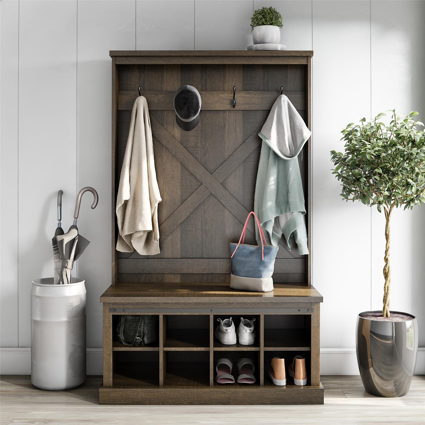 Knox County Entryway Bench with Hall Tree with 8 Cubbies and 4 Hooks - Brown Oak