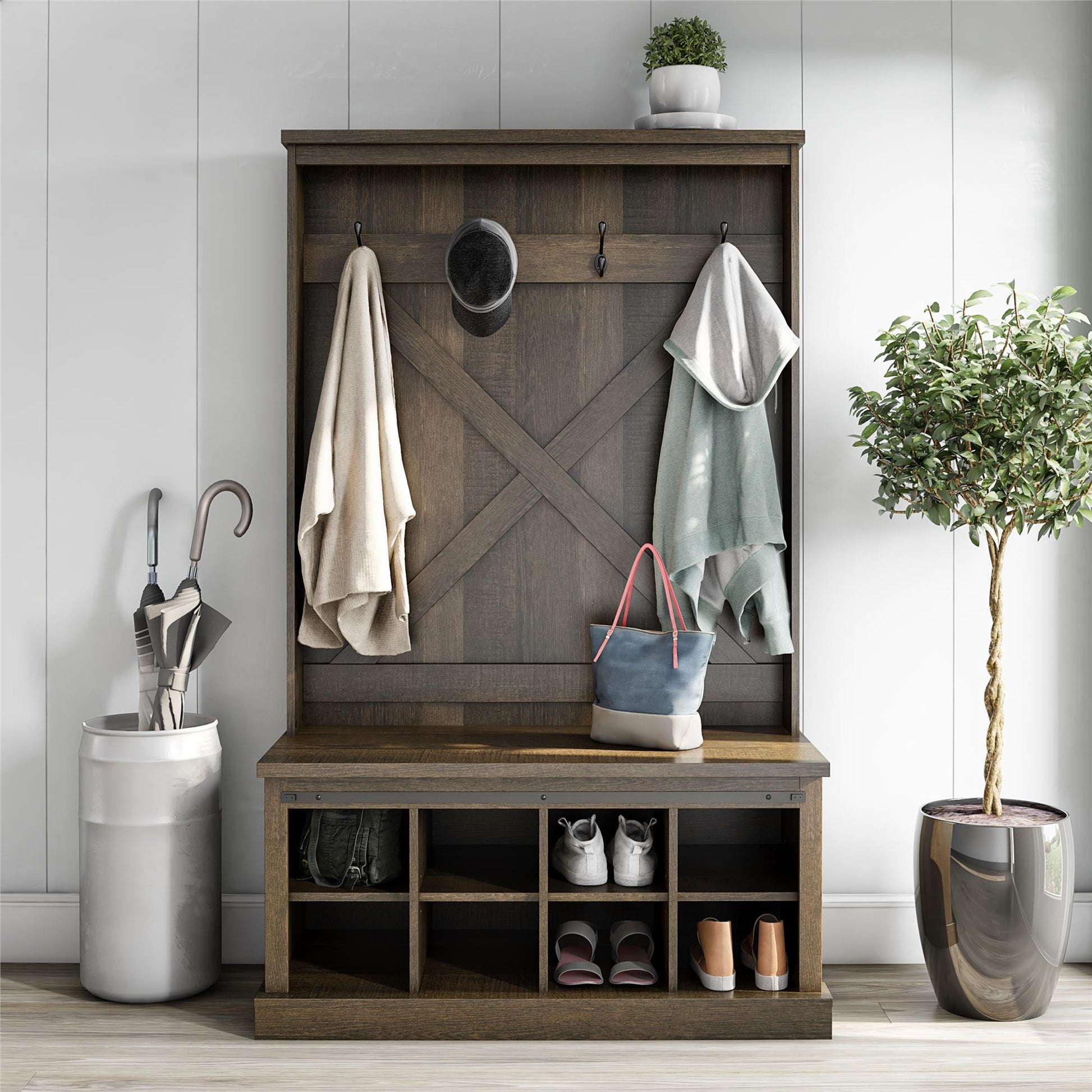 Knox County Entryway Bench with Hall Tree with 8 Cubbies and 4 Hooks - Brown Oak