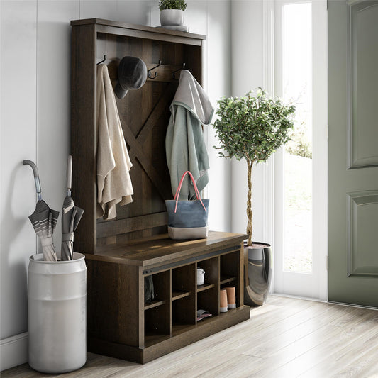Knox County Entryway Bench with Hall Tree with 8 Cubbies and 4 Hooks - Brown Oak