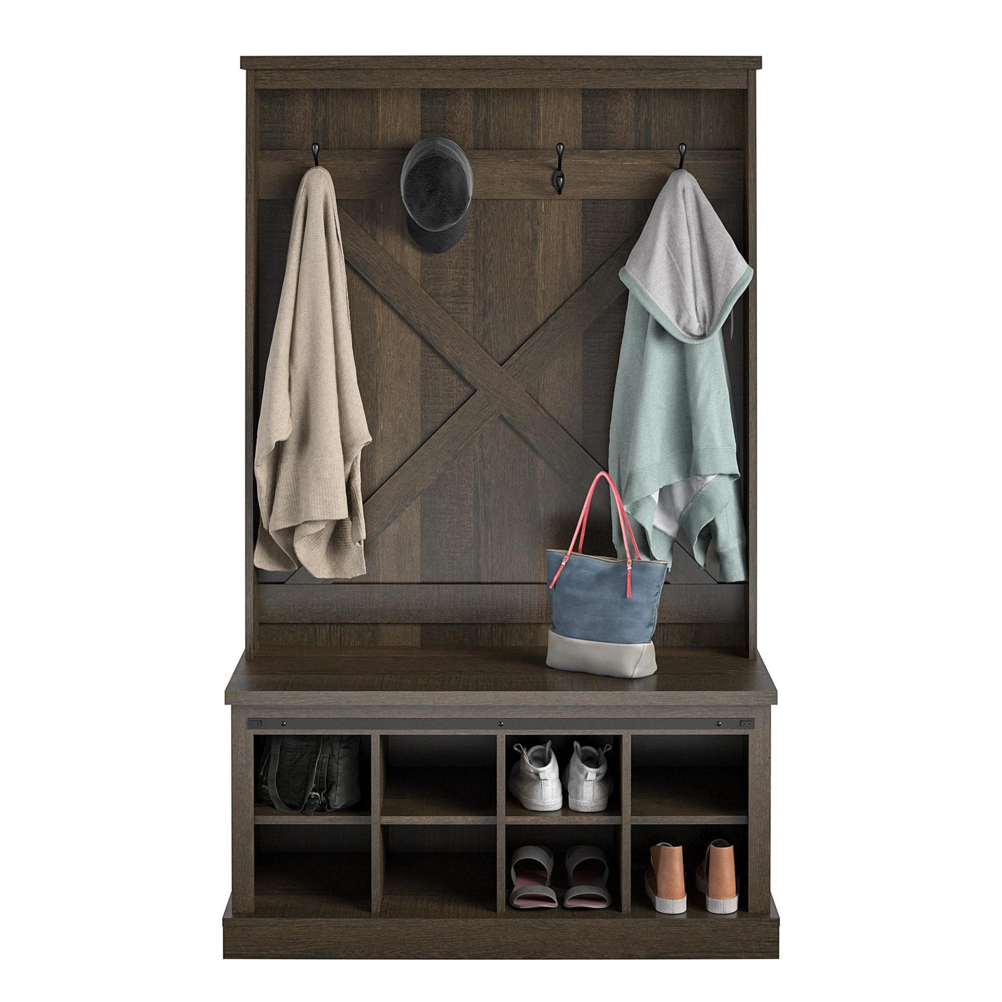 Knox County Entryway Bench with Hall Tree with 8 Cubbies and 4 Hooks - Brown Oak