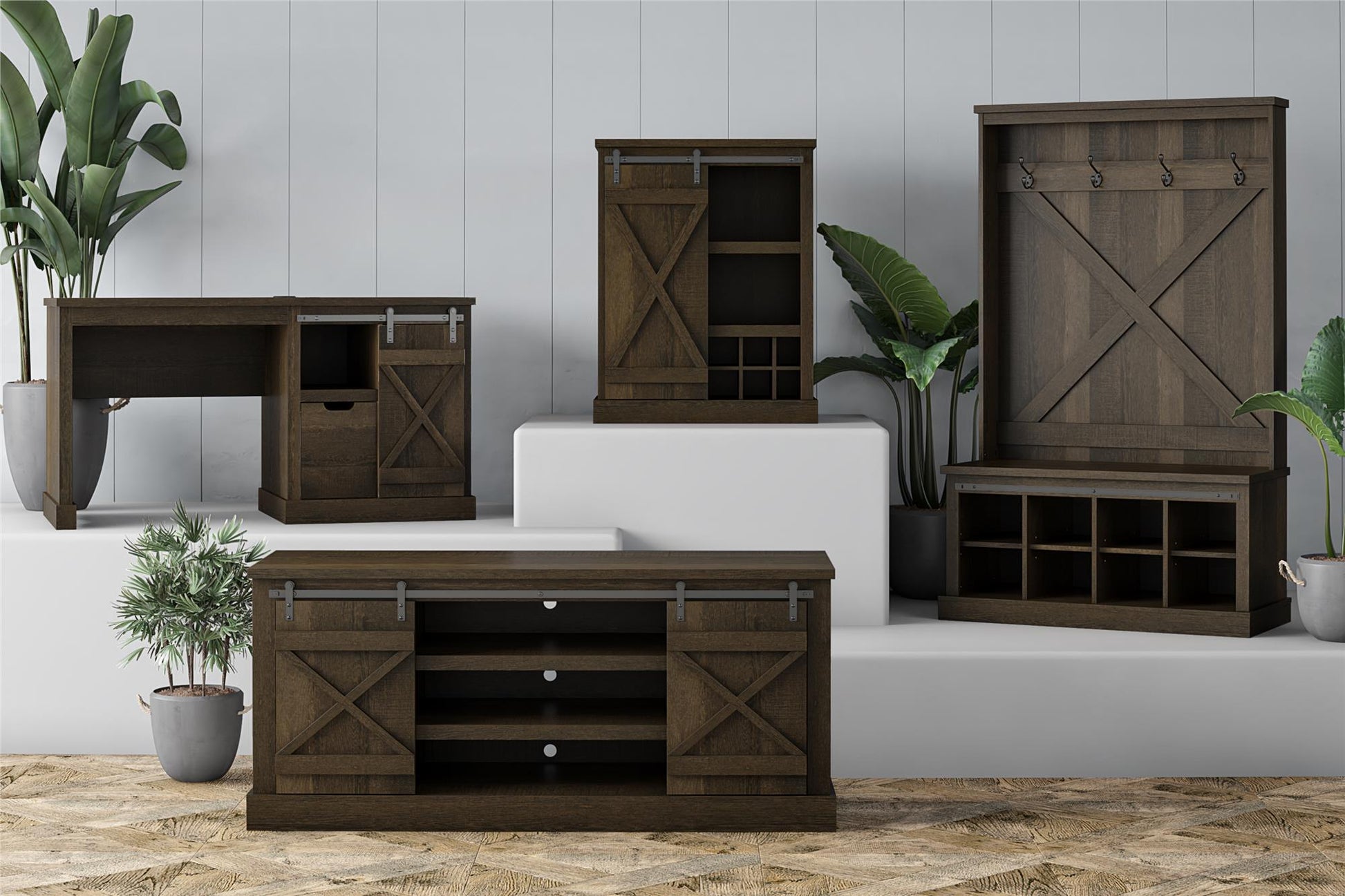 Knox County Entryway Bench with Hall Tree with 8 Cubbies and 4 Hooks - Brown Oak