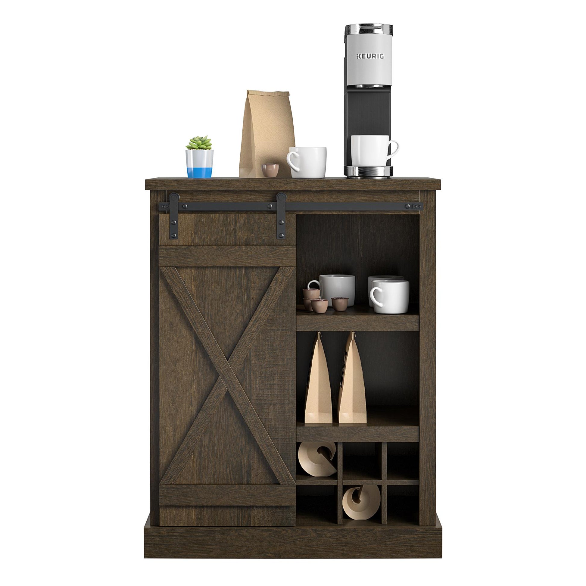 Knox County Bar Cabinet with Sliding Door and 12 Bottle Cubbies - Brown Oak