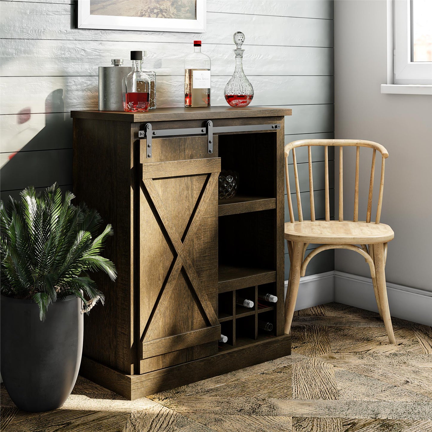 Knox County Bar Cabinet with Sliding Door and 12 Bottle Cubbies - Brown Oak