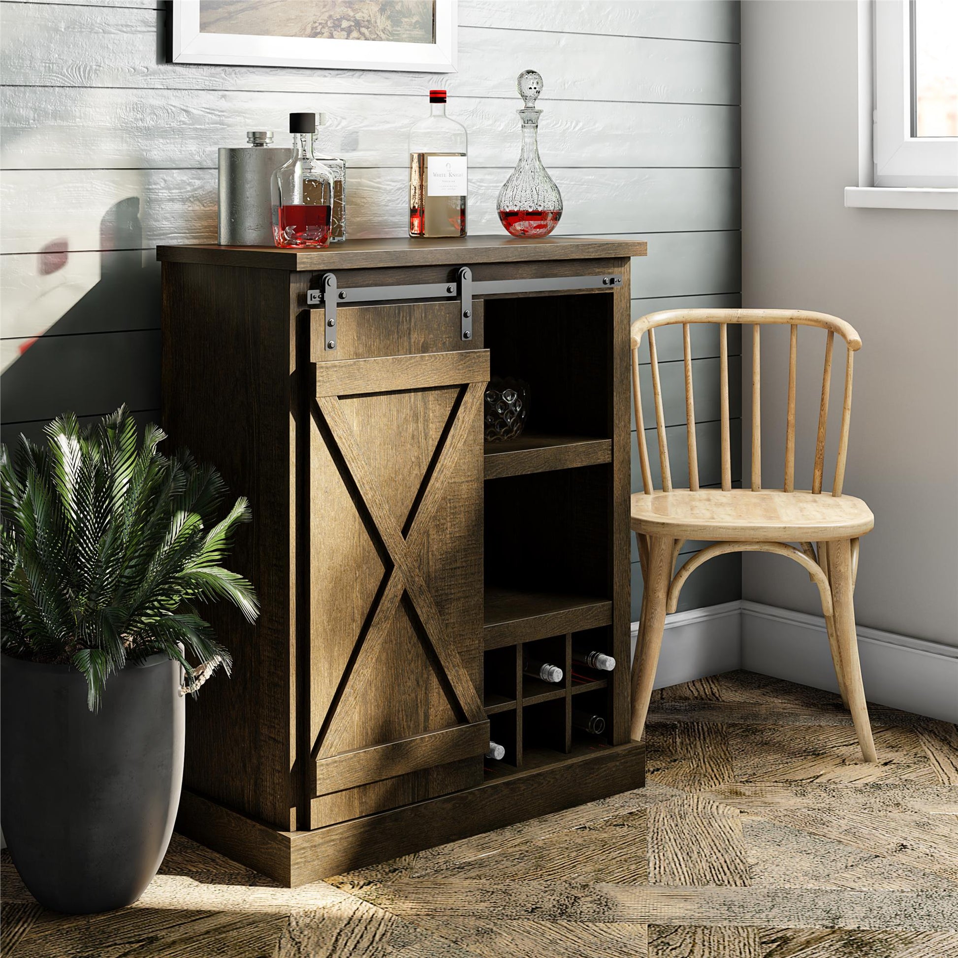 Knox County Bar Cabinet with Sliding Door and 12 Bottle Cubbies - Brown Oak
