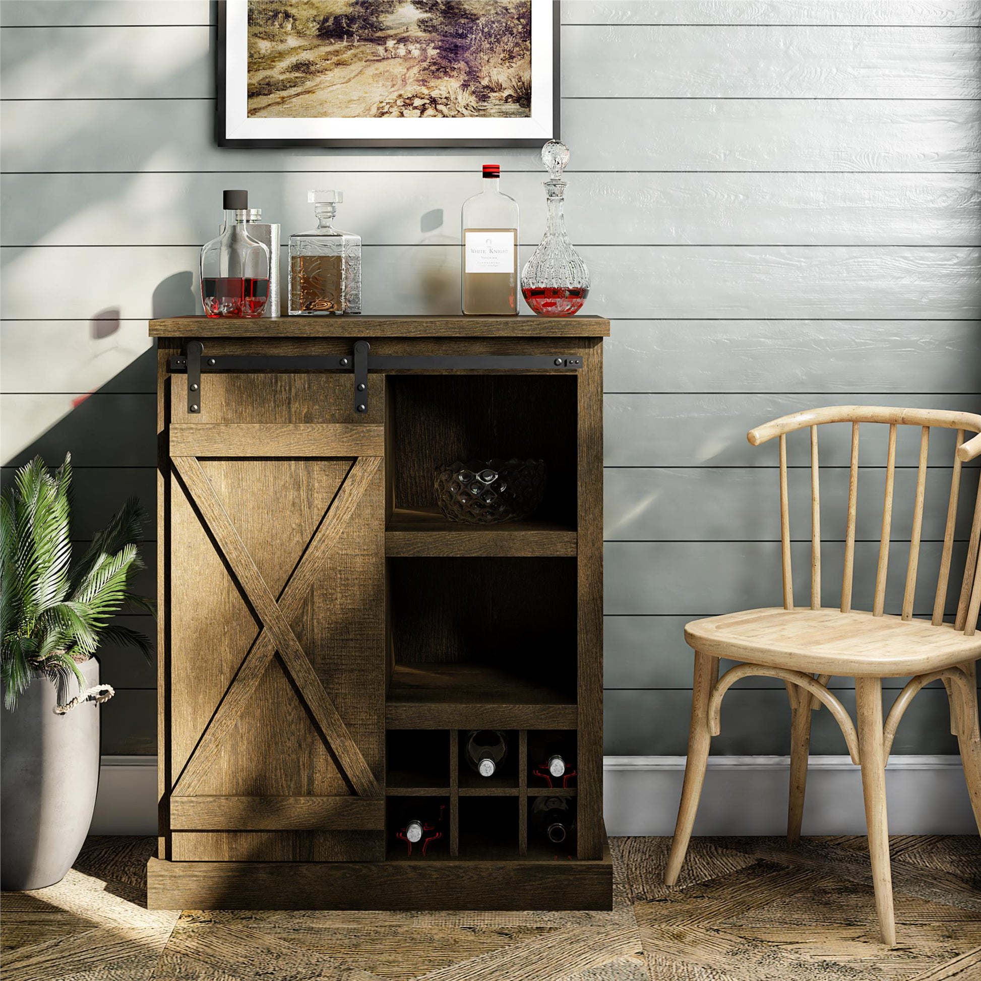 Knox County Bar Cabinet with Sliding Door and 12 Bottle Cubbies - Brown Oak