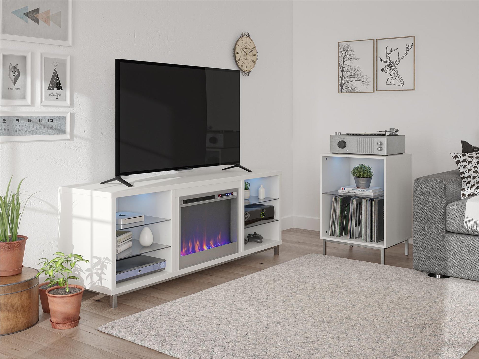 Lumina Fireplace TV Stand for TVs up to 70 Inch with 7 Color LED Lights - White - 66”-70”